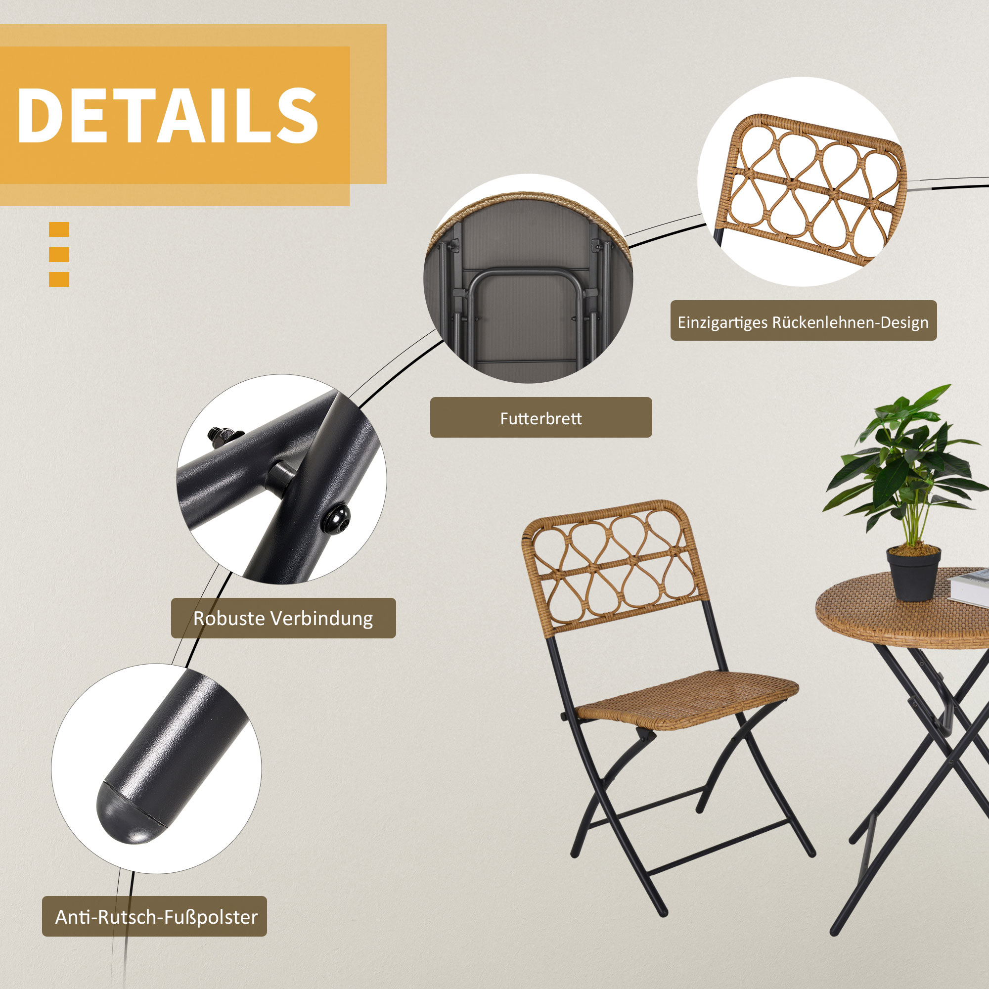Nahaufnahme eines Tisch- und Stuhlsets mit Details des Designs.