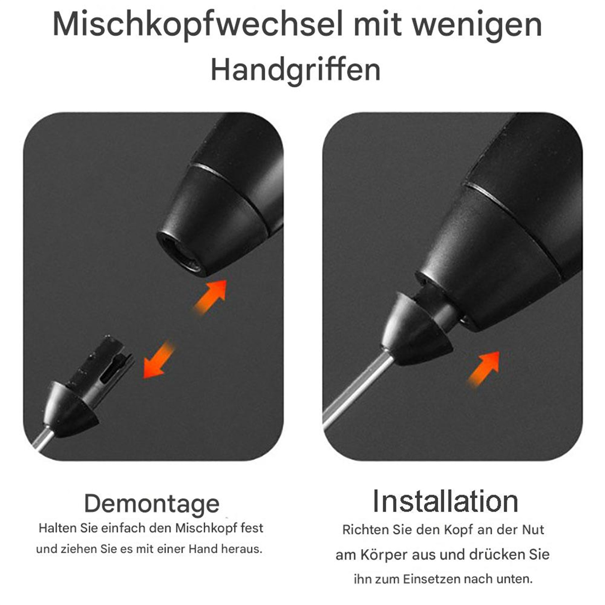 Zwei Diagramme, die zeigen, wie man einen Mixerkopf auf schwarzem Hintergrund abnimmt und installiert.