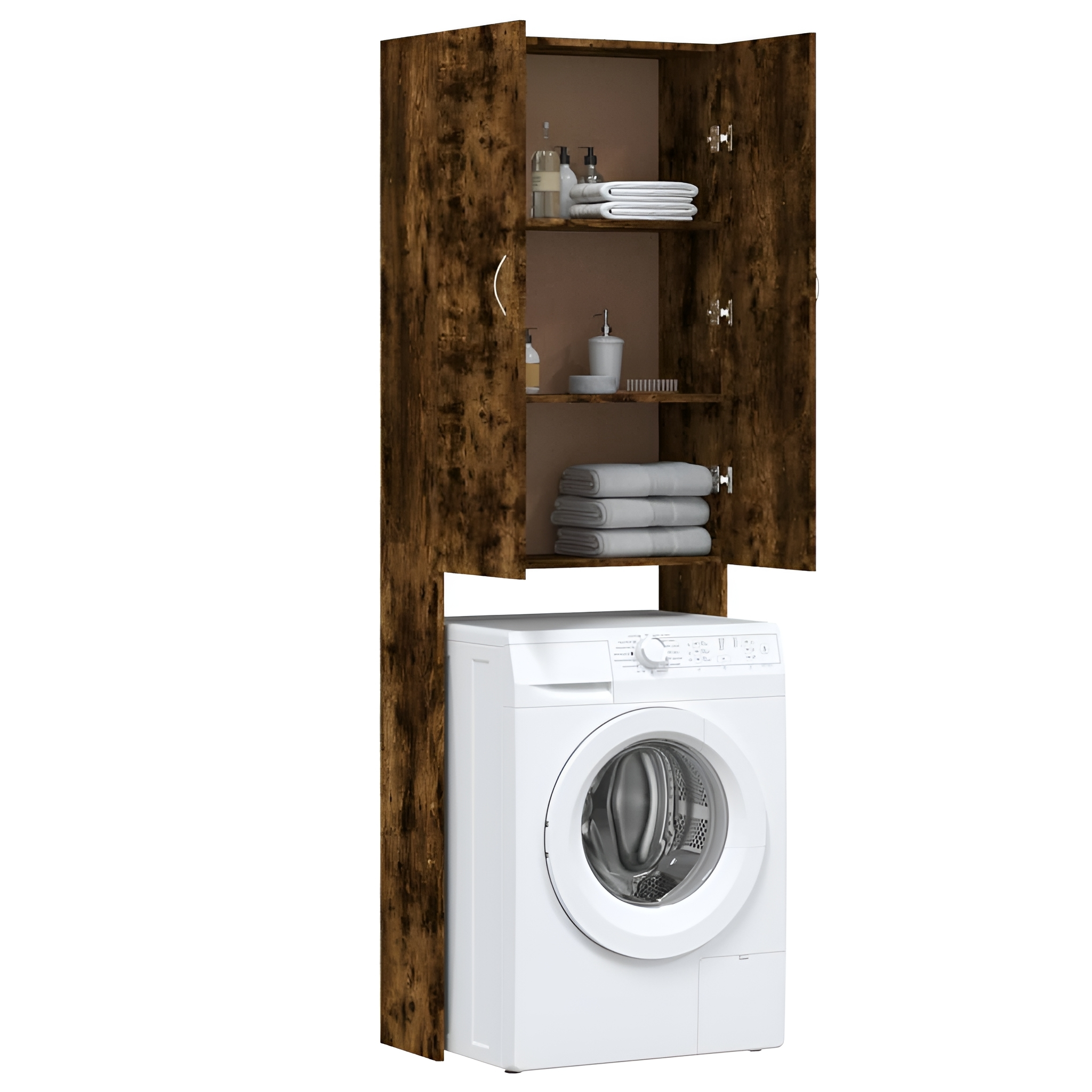 Ein Holzschrank mit offenen Türen, über einer weißen Waschmaschine. Enthält Handtücher und Flaschen.