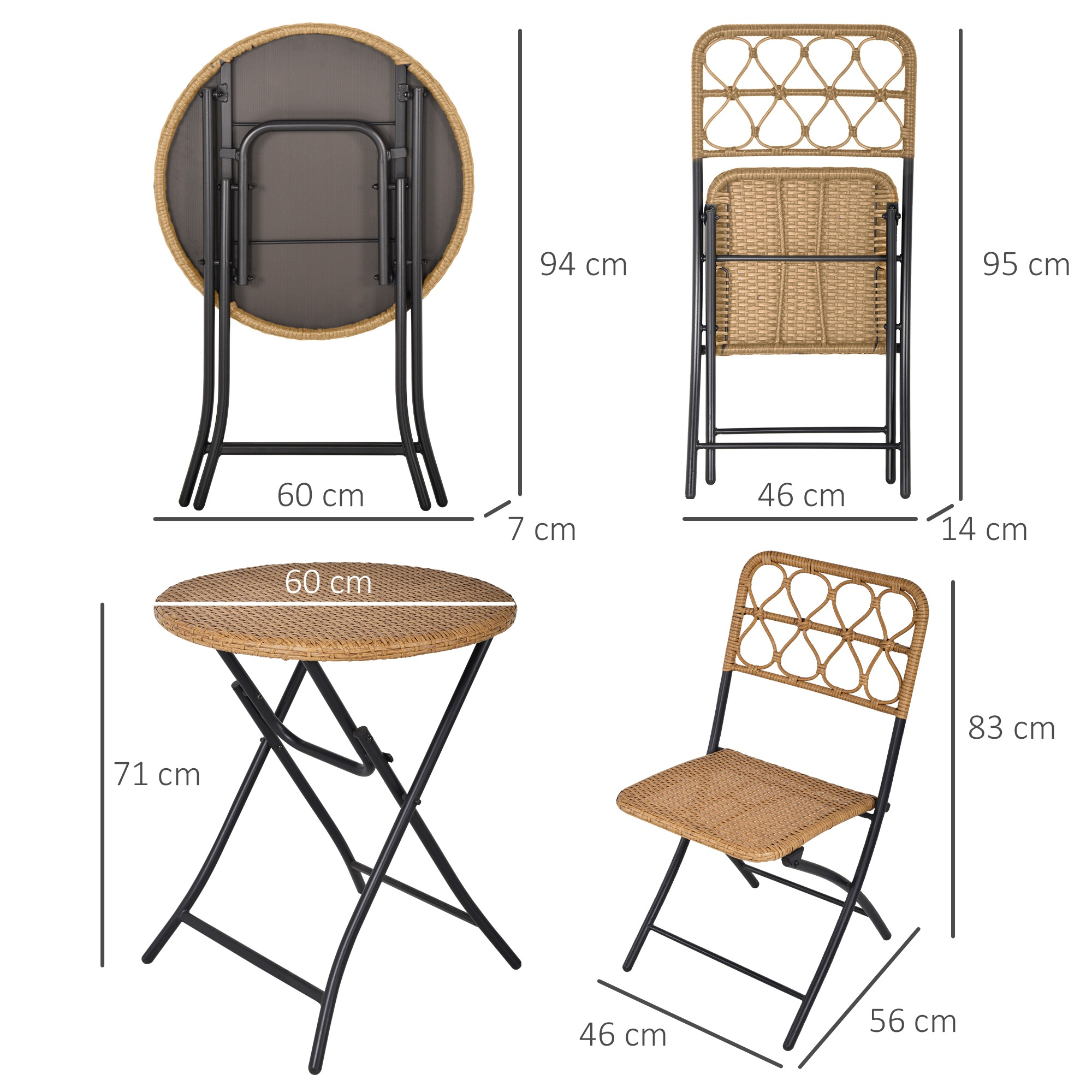 Klapptisch und Stühle mit Maßen, aus gewebtem Material.