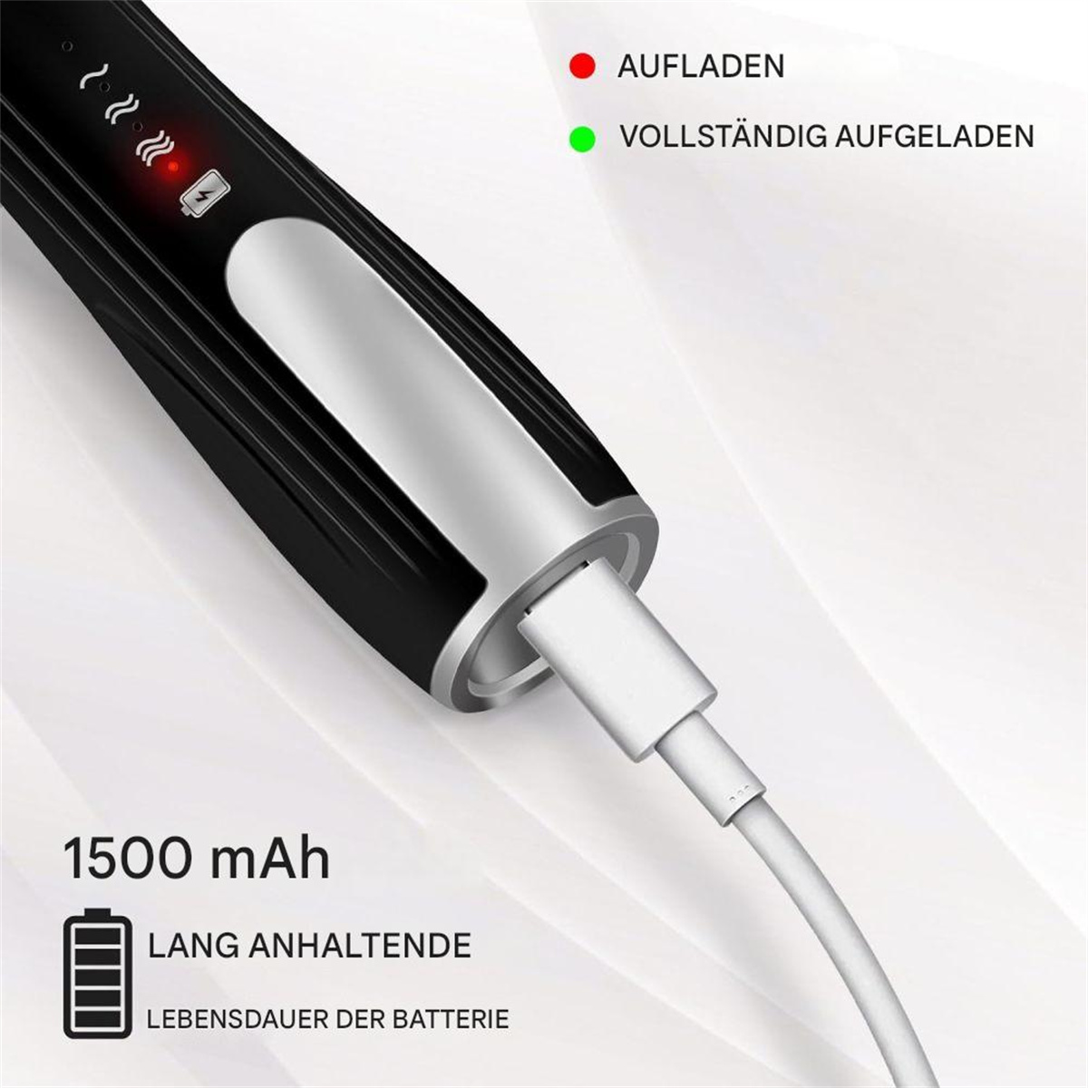 Schwarzes Gerät, das mit einem weißen Kabel geladen wird, 1500 mAh Akku. Grünes Licht leuchtet.