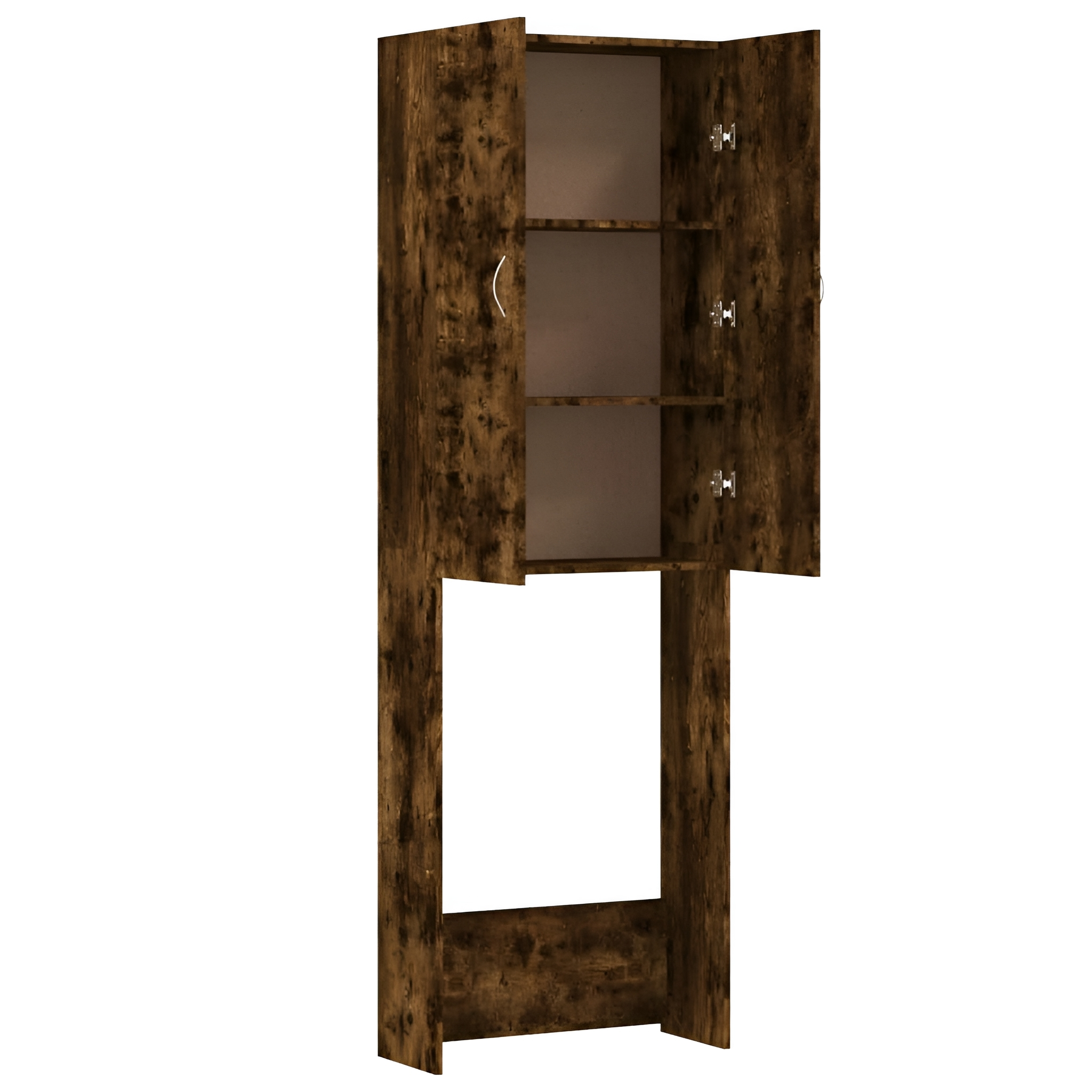 Holzbrauner Schrank mit offenen Türen und Regalen.