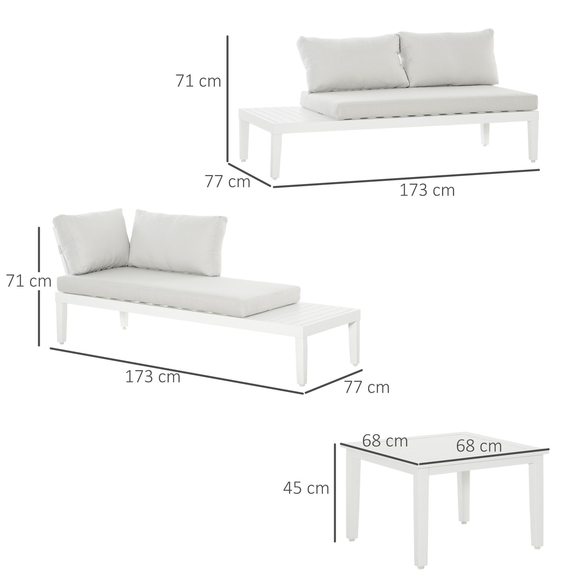 Weißes Gartenmöbelset mit Sofa, Chaiselongue und kleinem Tisch, Abmessungen sind sichtbar.