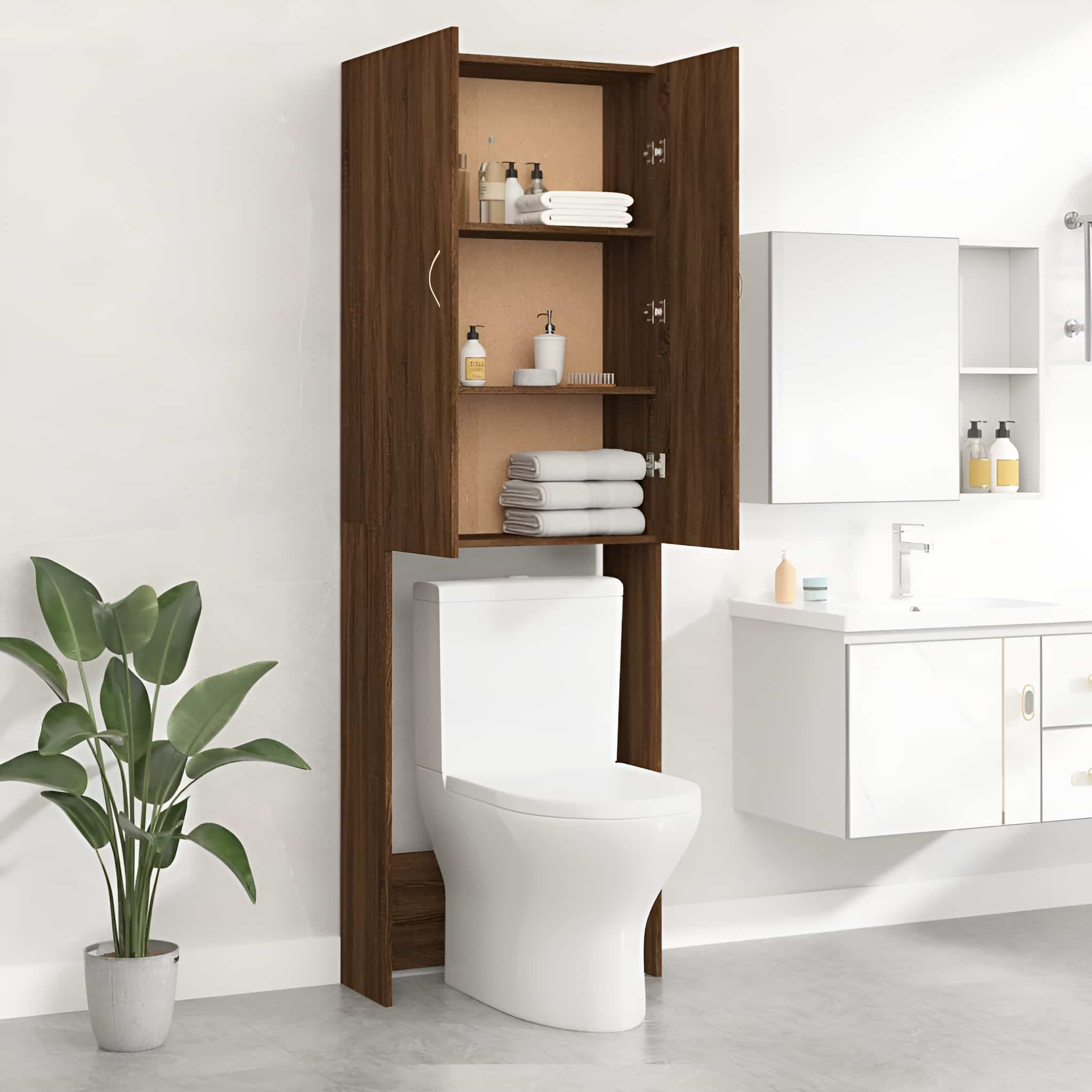 Ein brauner Schrank über einer Toilette in einem Badezimmer.
