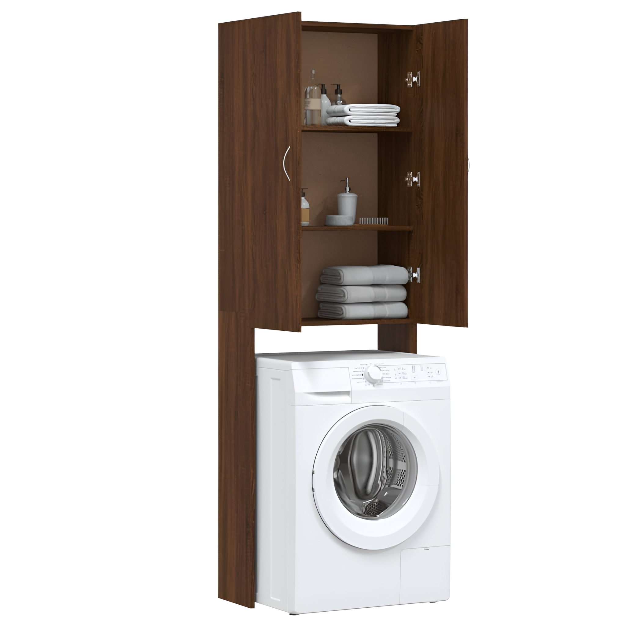 Ein brauner Schrank mit offenen Türen über einer weißen Waschmaschine.