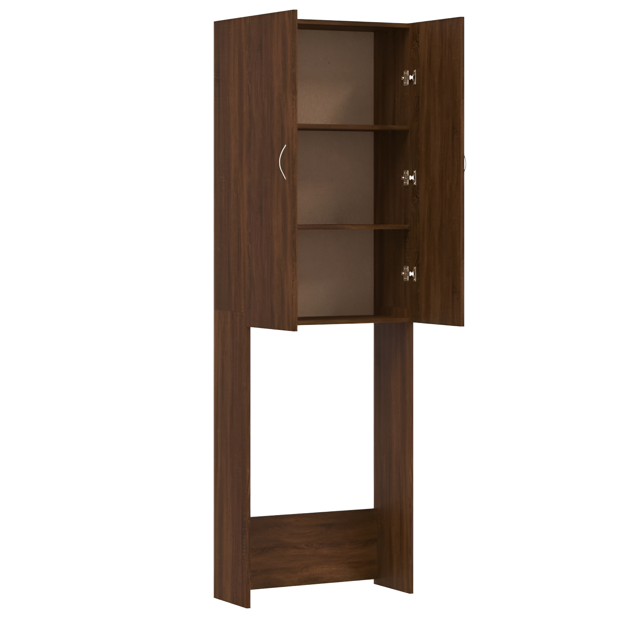 Ein brauner Schrank mit offenen Türen, der Regale zeigt.