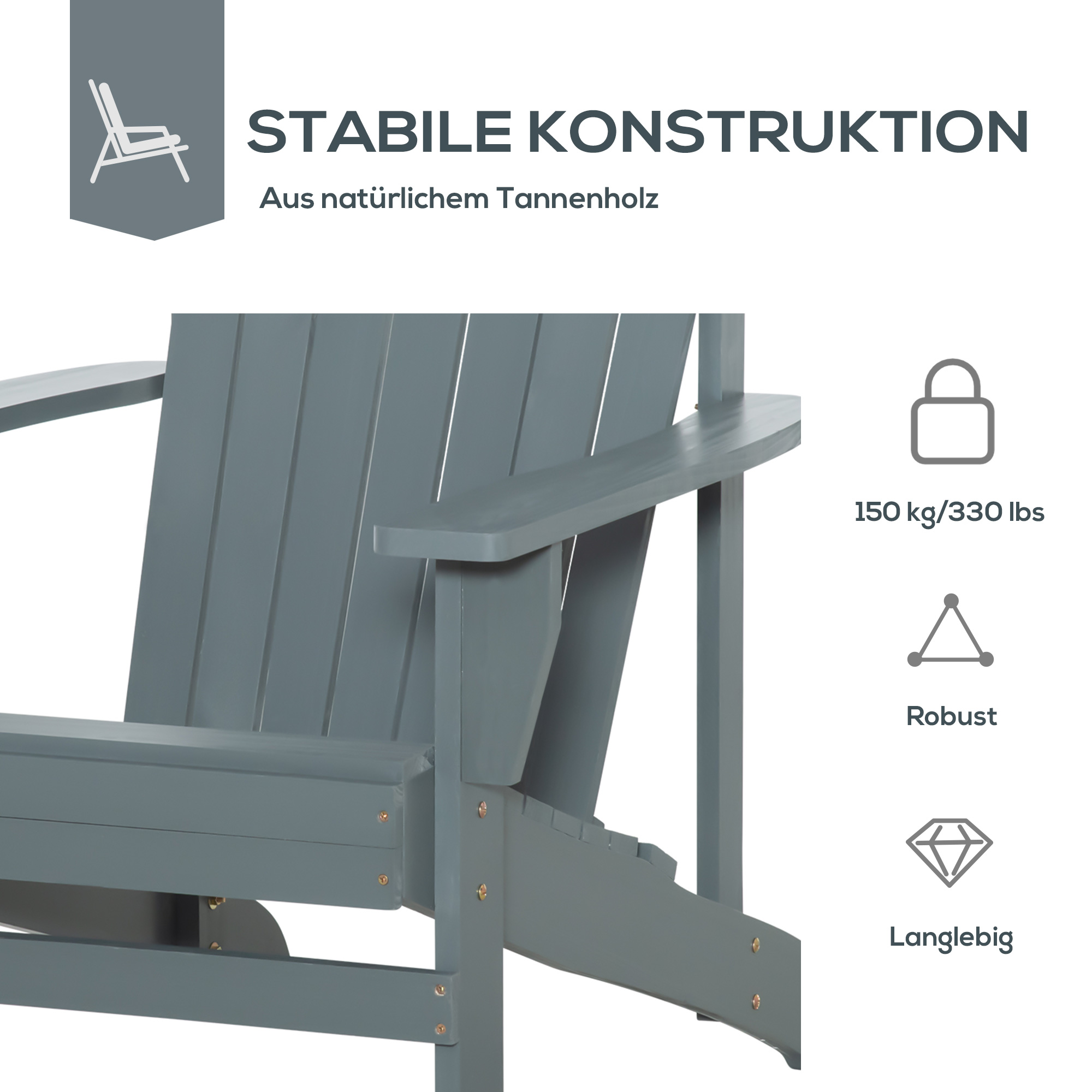 Adirondack-Stuhl aus grauem Holz. Nahaufnahme zeigt die Holzkonstruktion.
