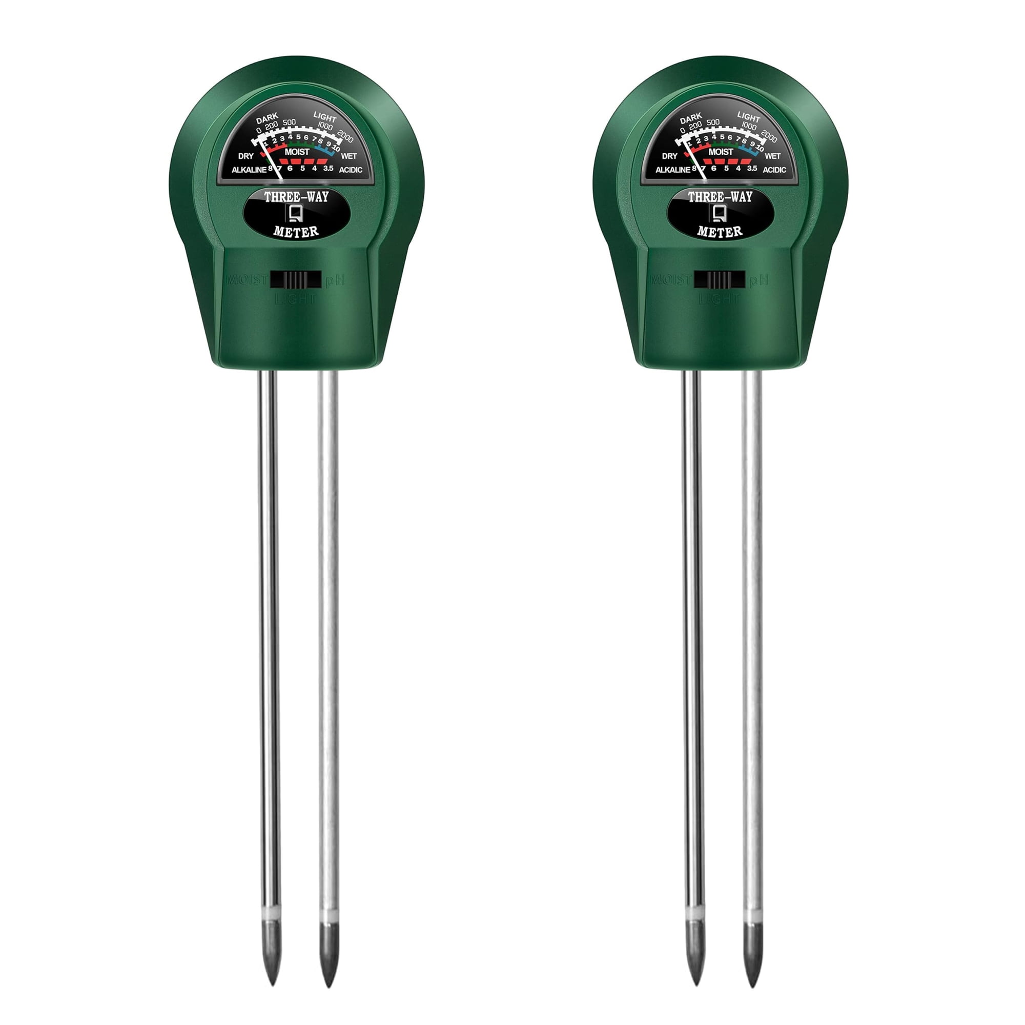 Zwei grüne Bodentester mit Metallspitzen. Jeder hat ein Zifferblatt und sagt 'THREE-WAY METER'.