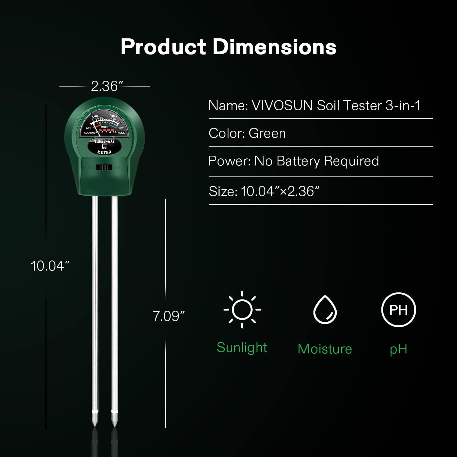 Bodentester mit Abmessungen und Spezifikationen. Text: VIVOSUN Bodentester 3-in-1, grün, keine Batterie erforderlich.