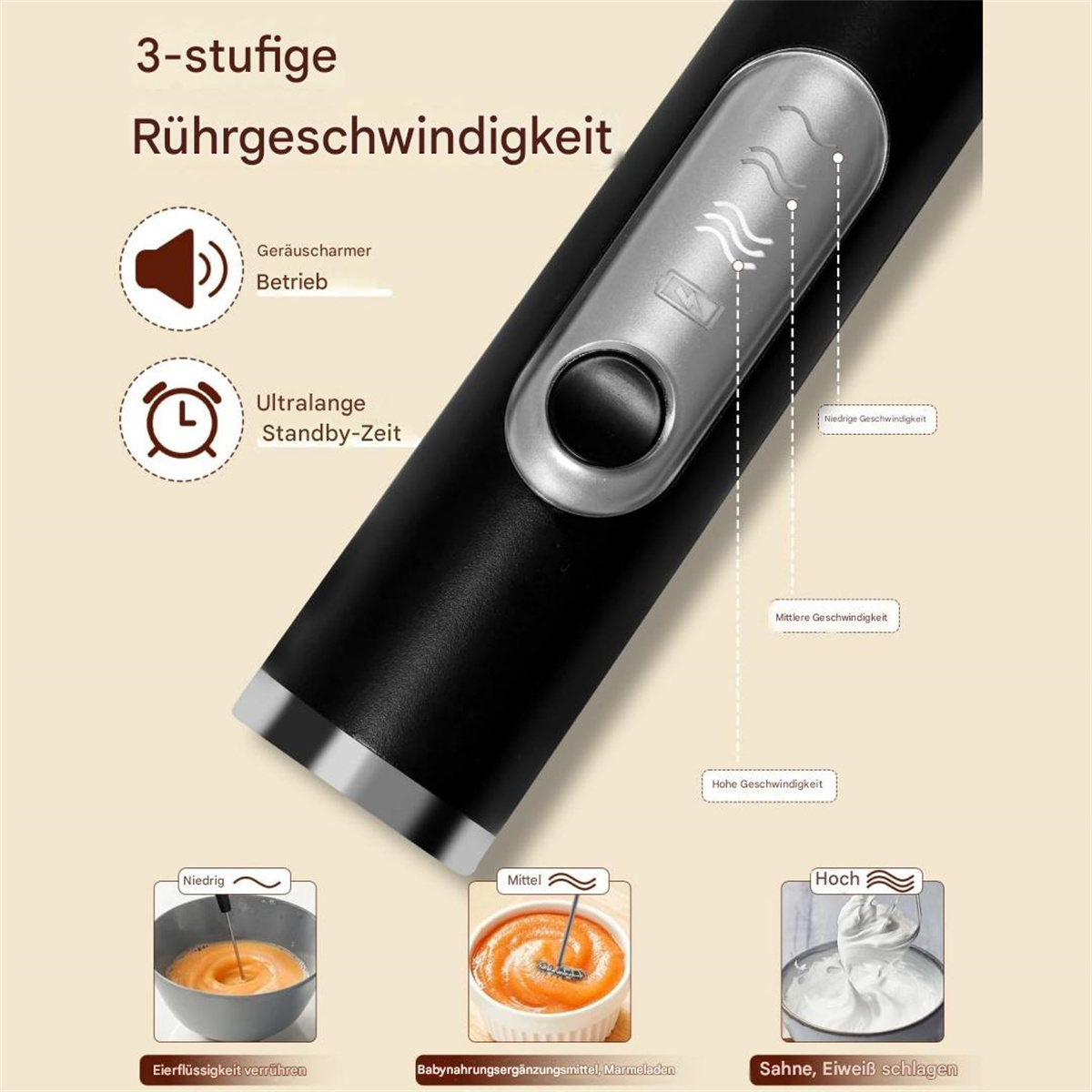 Diagramm eines schwarzen Handmixers mit Text und Diagrammen, die Geschwindigkeitseinstellungen und Verwendungen angeben.