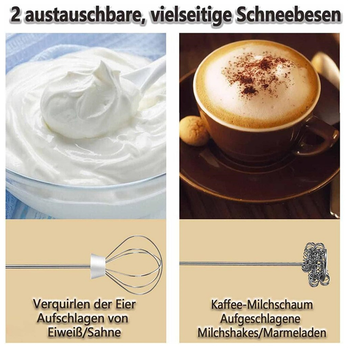 Zwei Bilder zeigen Schlagsahne und Kaffee mit Schaum. Schneebesen und Milchaufschäumer sind unten dargestellt.