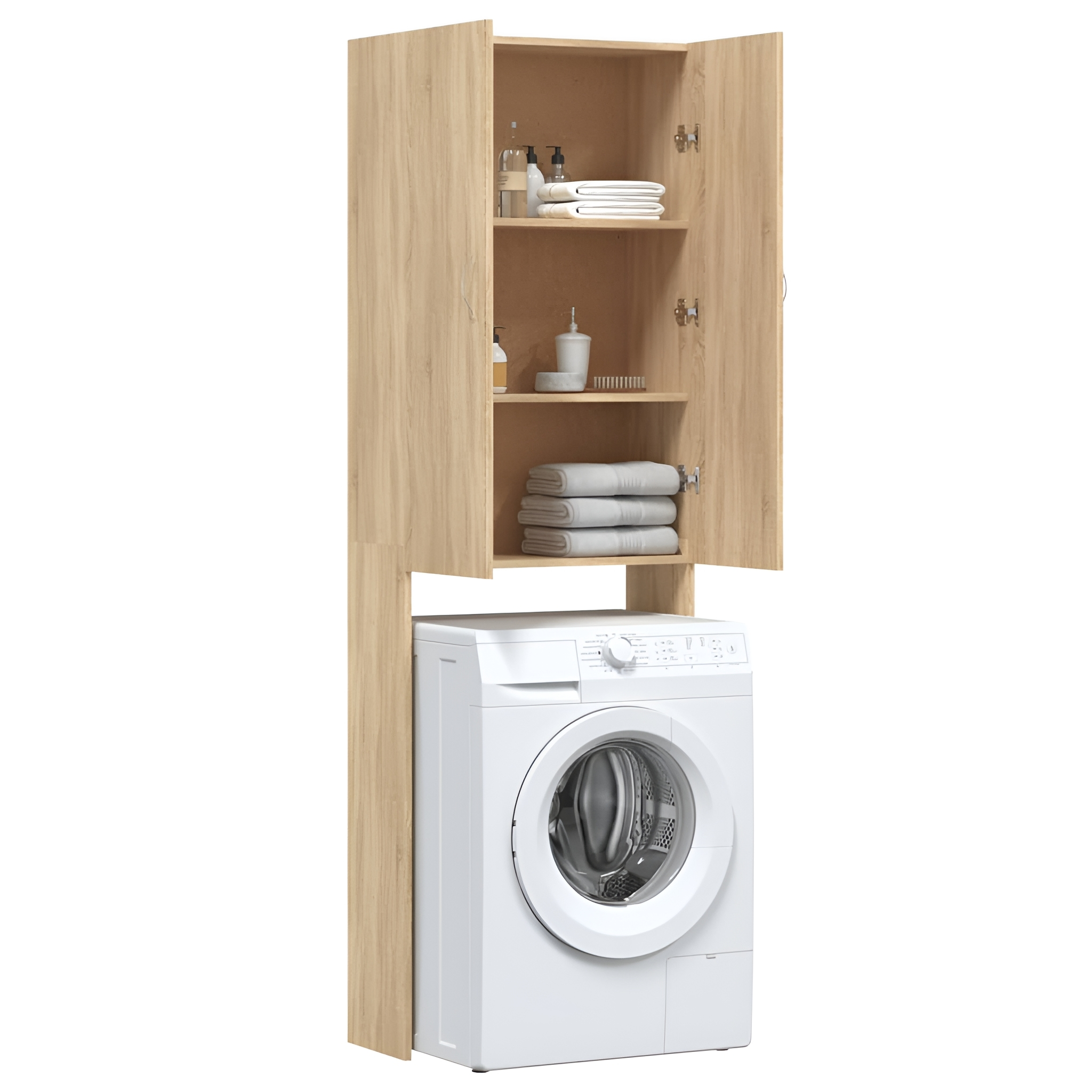 Eine Waschmaschine mit einem Holzschrank darüber, mit offenen Türen. Handtücher und Flaschen im Inneren.