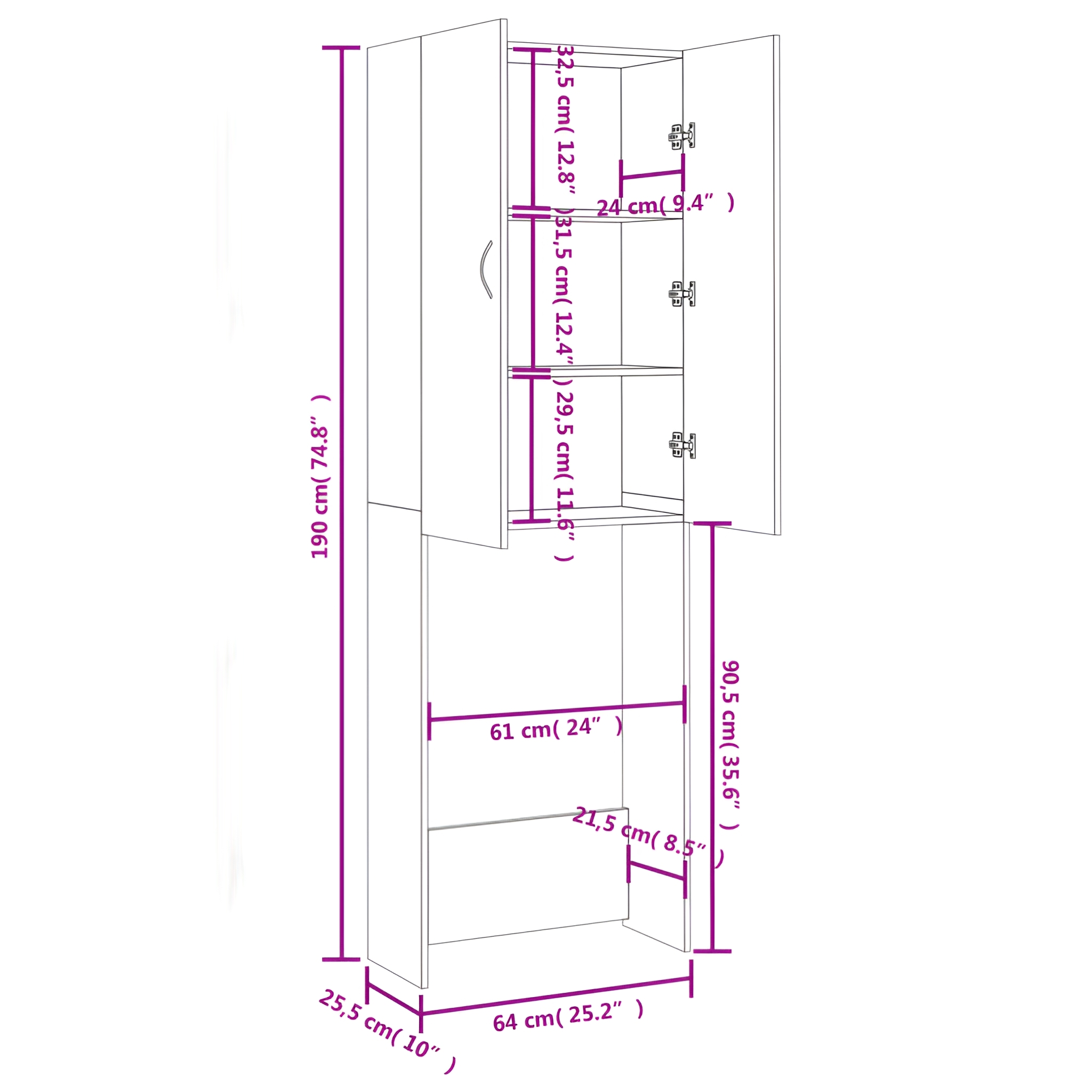 Ein Diagramm eines Schranks mit Abmessungen in Zentimetern und Zoll.