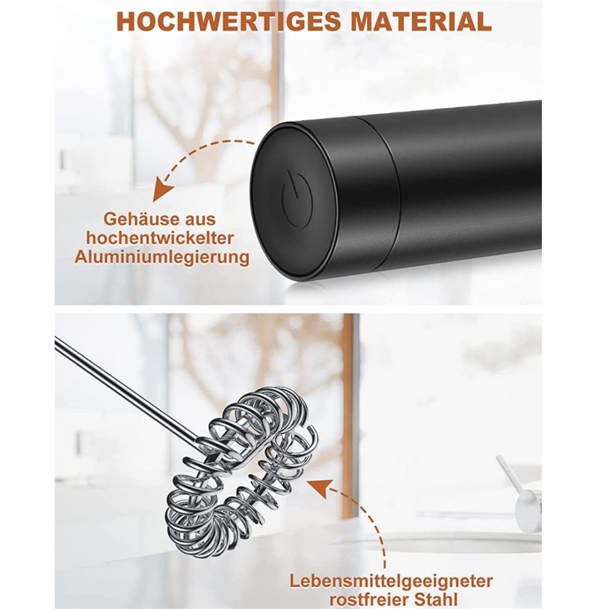 Nahaufnahme eines schwarzen Milchaufschäumers und seines Metallquirls. Es ist auf einer weißen Oberfläche.