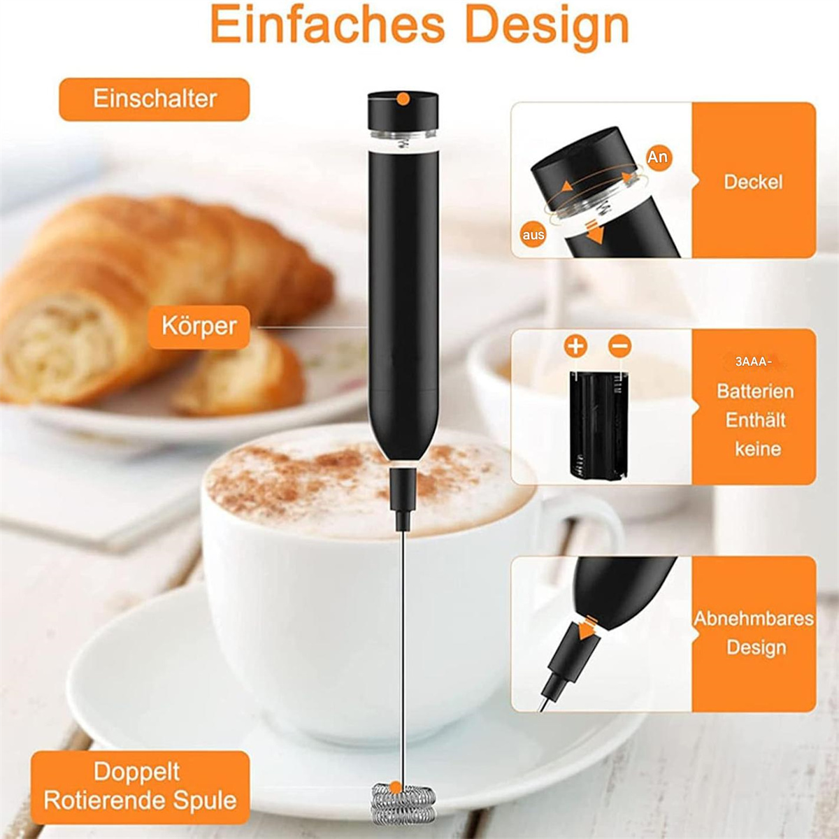 Diagramm eines schwarzen Milchaufschäumers. Er hat eine doppelt rotierende Spule, einen Ein/Aus-Schalter und einen Batterieschacht.