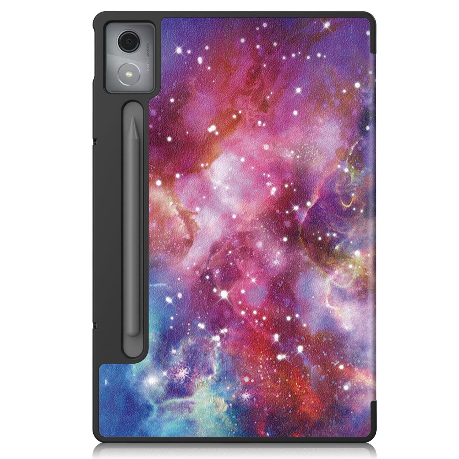 Tablethülle mit Galaxiedesign. Sie hat Platz für einen Stift und eine Kamera. Das Tablet ist darin.