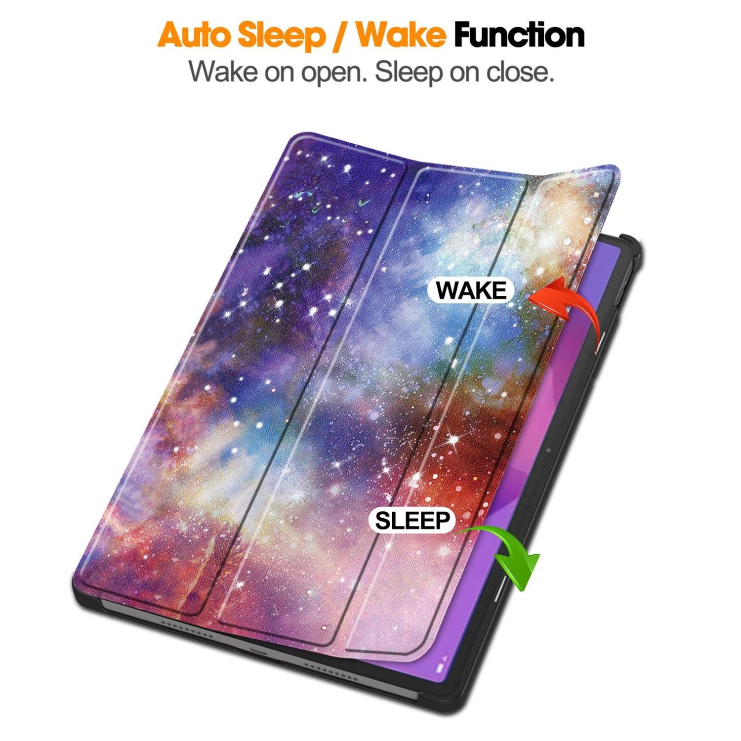 Tablet-Hülle im Galaxystil, geöffnet, um das Tablet zu zeigen. Die Hülle hat ein lila, blaues und weißes Galaxydesign.
