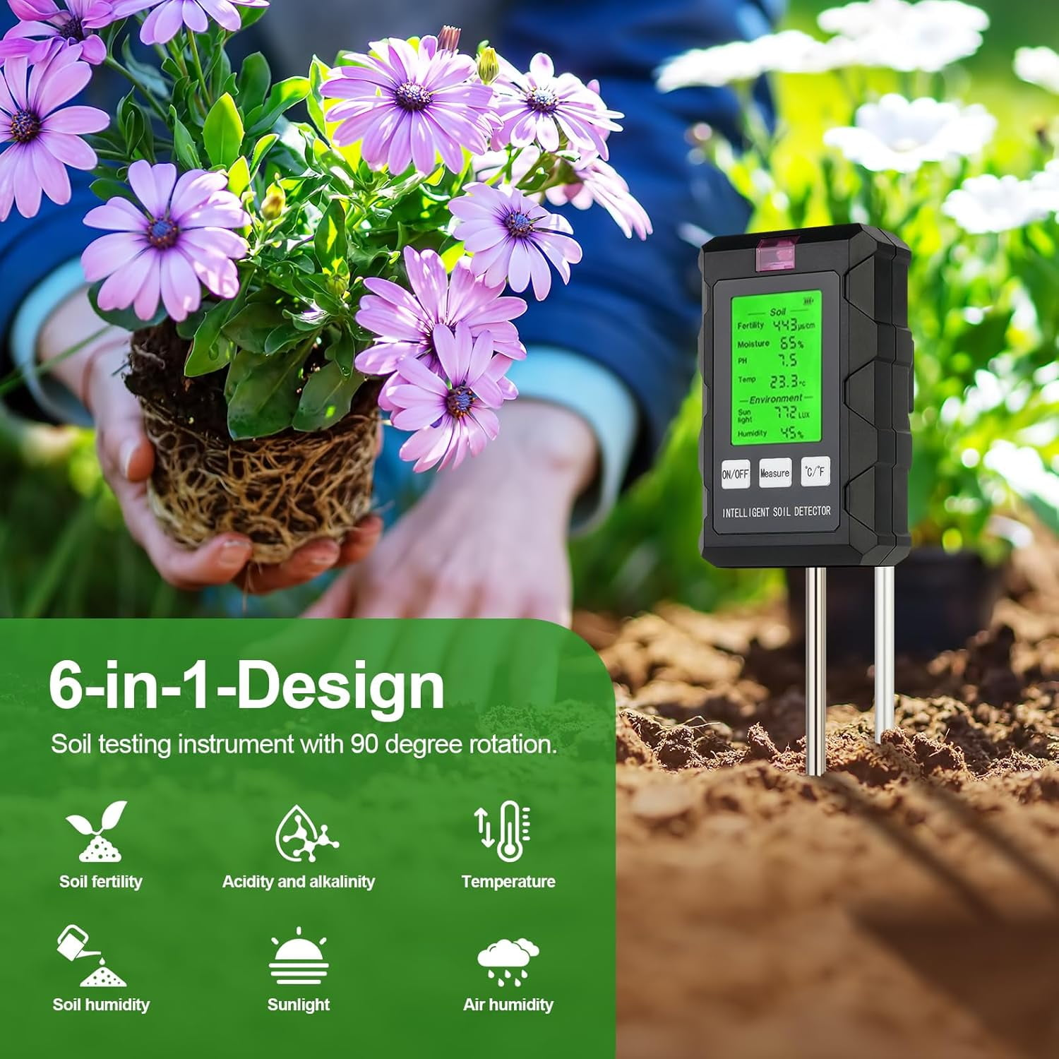 Ein Bodentester in einem Garten mit Blumen. Er hat ein Display, das Bodenfruchtbarkeit, Feuchtigkeit, pH, Temperatur, Licht und Feuchtigkeit anzeigt.