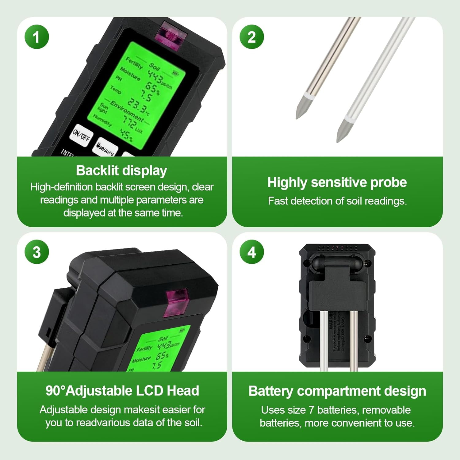 Schwarzer Bodentester mit LCD, zeigt Bodenfruchtbarkeit, Feuchtigkeit, pH, Temperatur, Licht und Luftfeuchtigkeit.