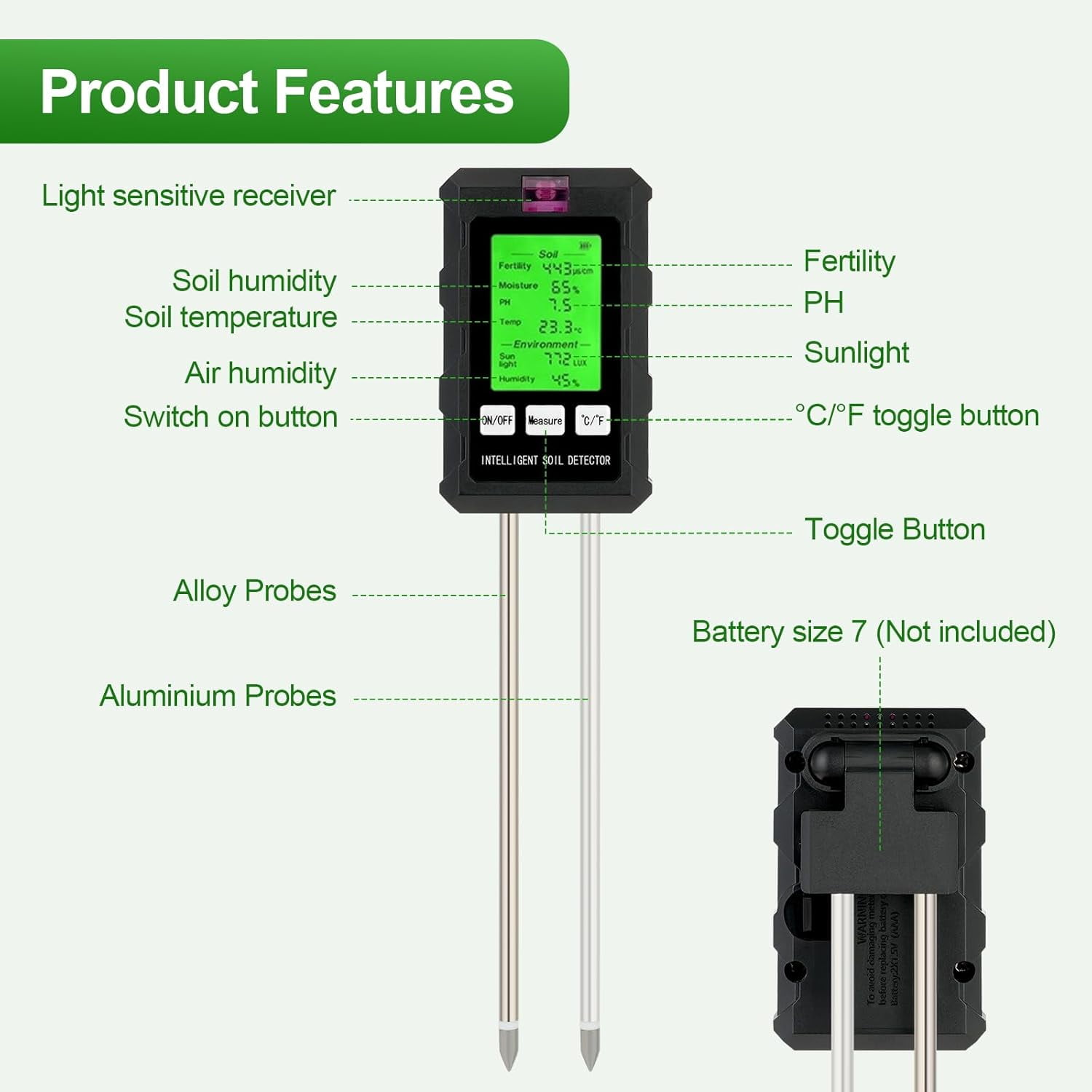 Produktmerkmale. Schwarzer Bodentester mit Anzeige der Bodendaten. Zeigt auch das Batteriefach.