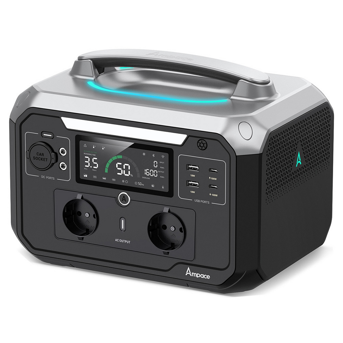 Czarna i srebrna stacja zasilania z wyświetlaczem i portami, na białym tle.