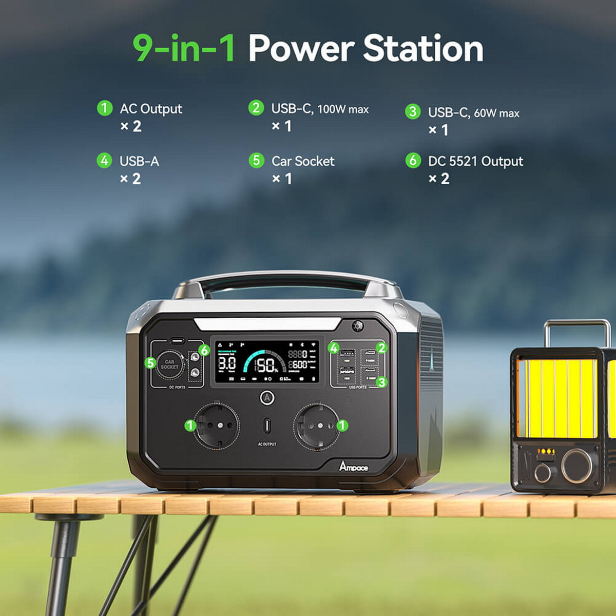 Stacja zasilania z wieloma portami: AC, USB-C, USB-A i gniazdo samochodowe. Jest to stacja zasilania 9 w 1.