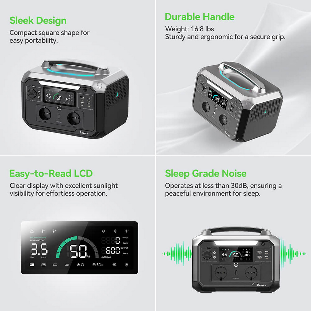 Przenośna stacja zasilania, czarno-srebrna, z wyświetlaczem i uchwytem oraz wieloma widokami.