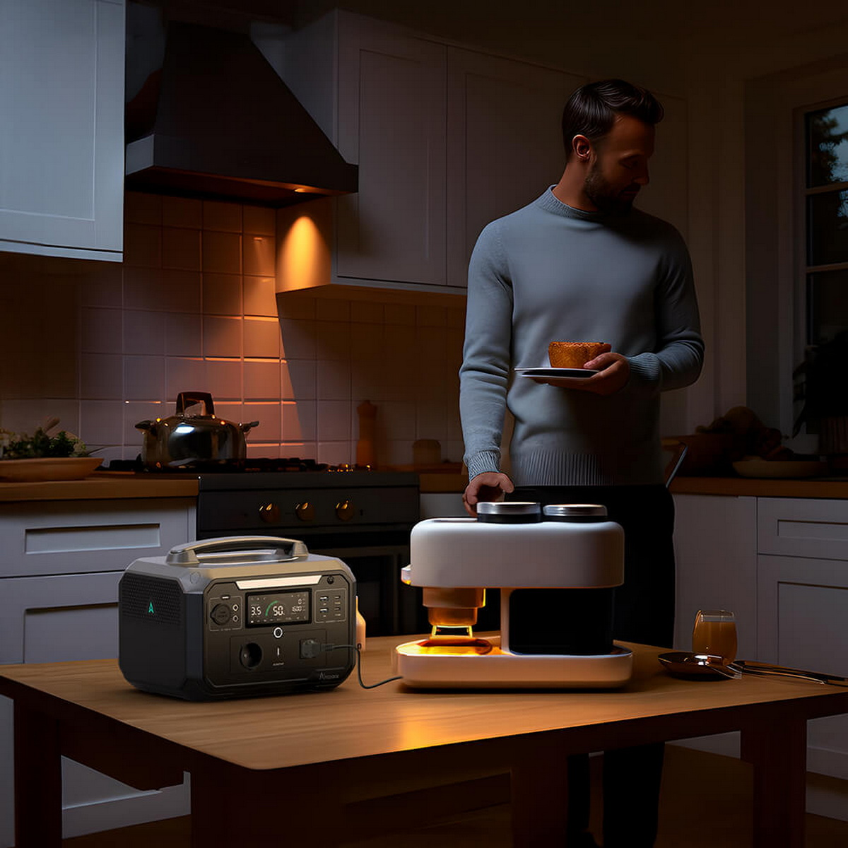 Mężczyzna w kuchni trzymający ciasto. Na stole stacja zasilania i ekspres do kawy.