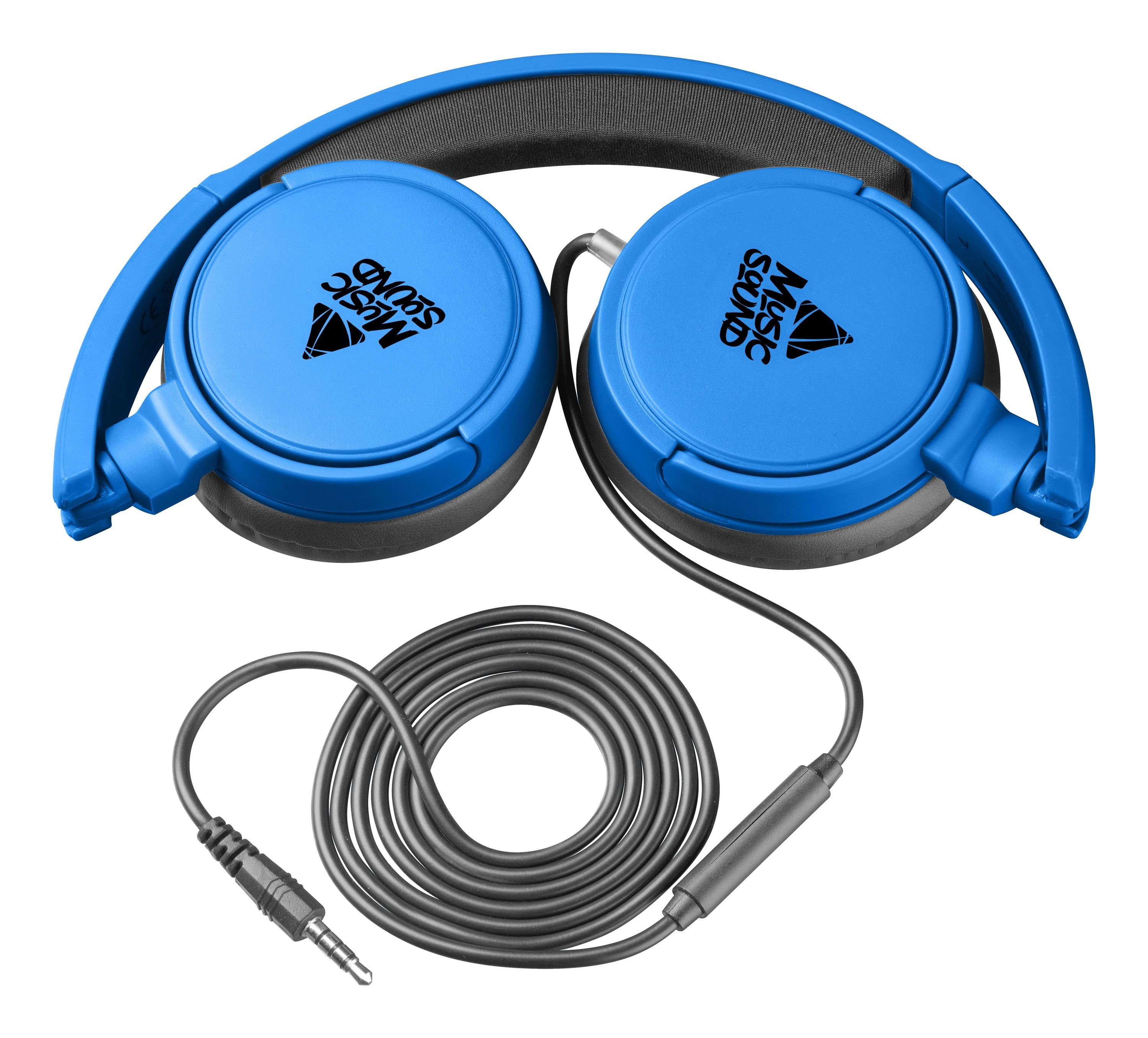 Blaue Kopfhörer mit Kabel und dem Aufdruck 'MUSIC SOUND' auf den Ohrmuscheln.