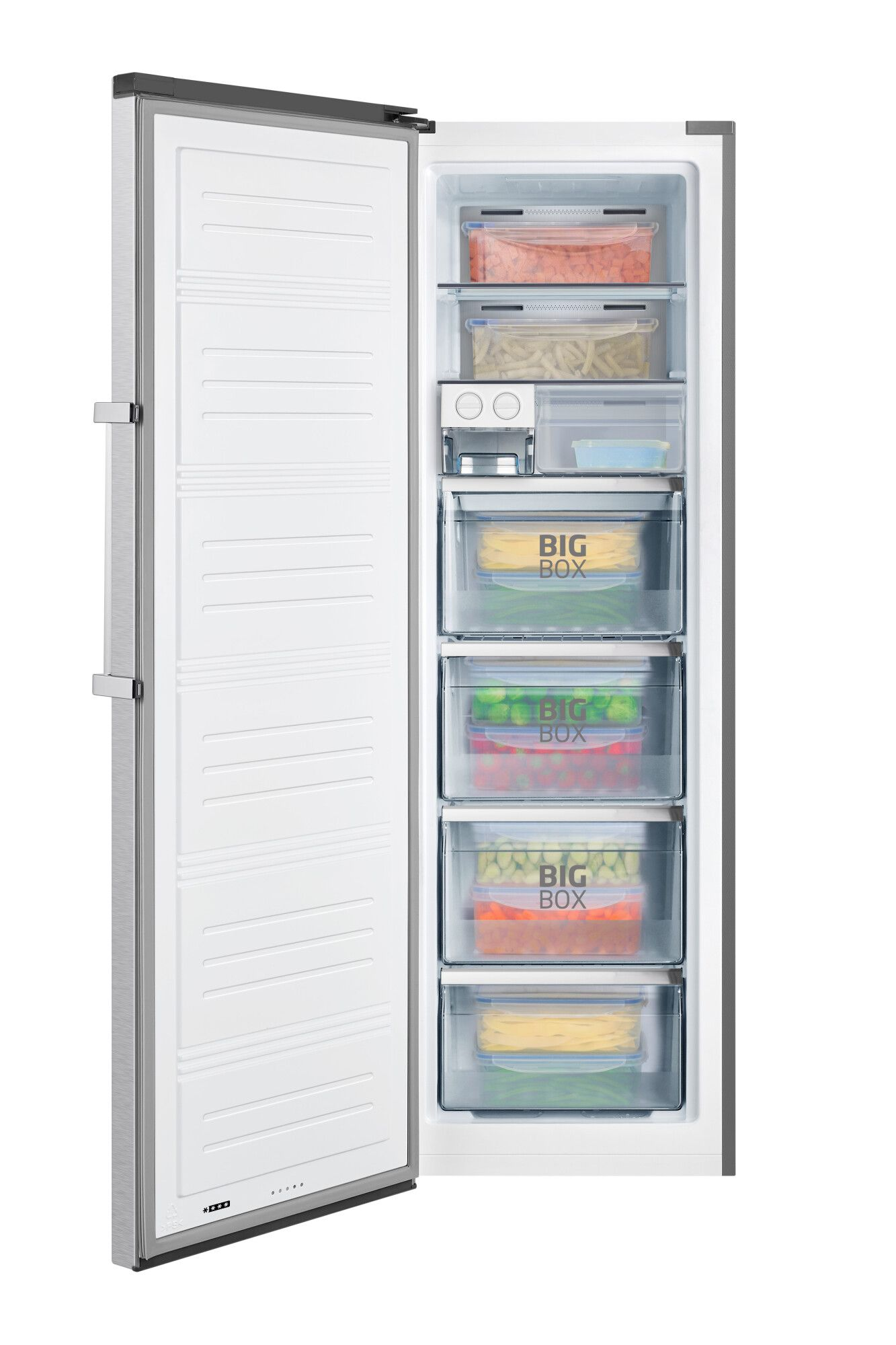 Ein geöffneter Kühlschrank mit mehreren Schubladen und Regalen, die mit Lebensmitteln gefüllt sind, beschriftet mit 'BIG BOX'.