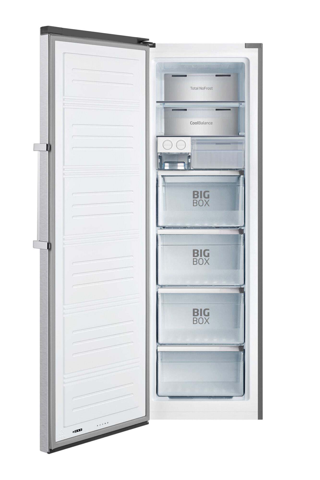 Geöffneter Kühlschrank mit Regalen und Schubladen, mit weißem Innenraum und silberner Außenseite.