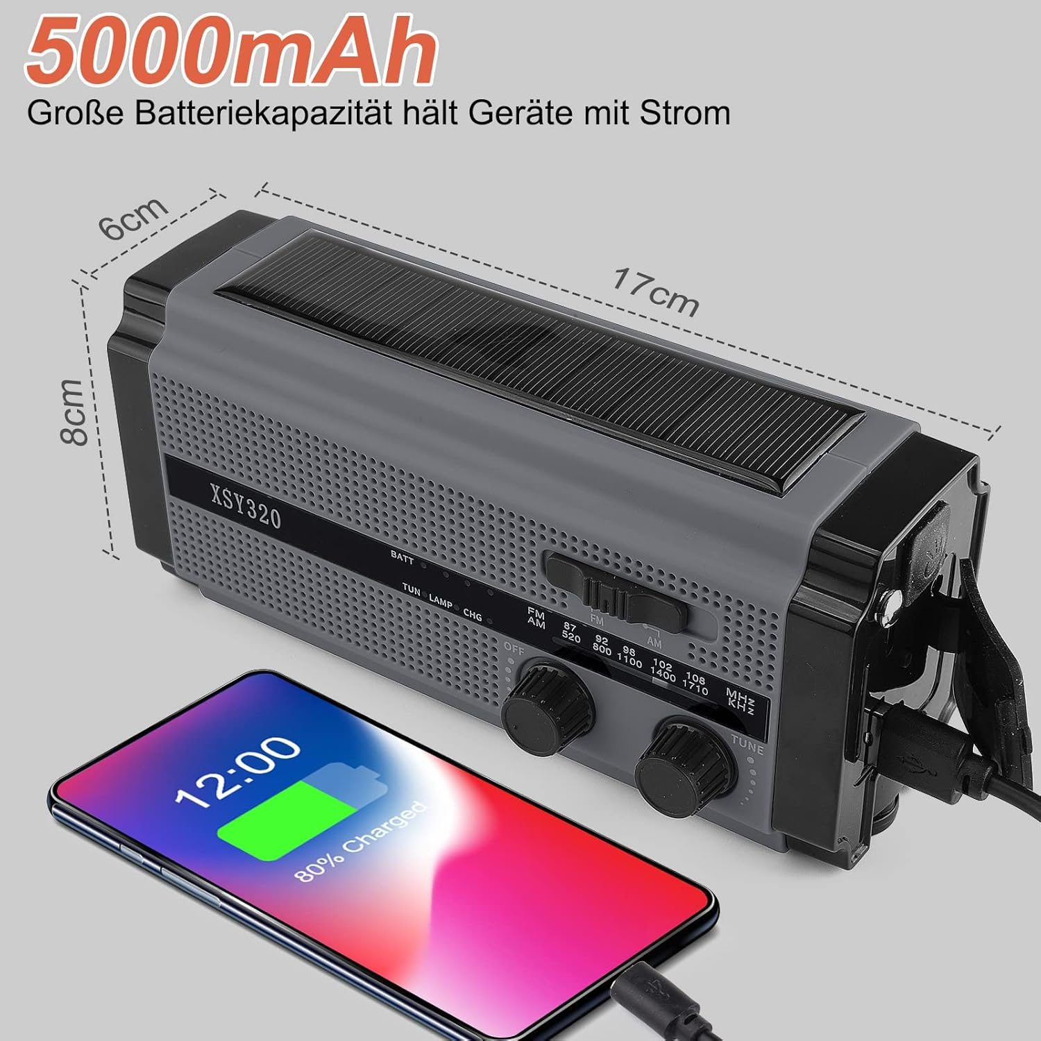 Notfallradio mit Solarpanel, Bildschirm mit Ladeanzeige und Abmessungen.