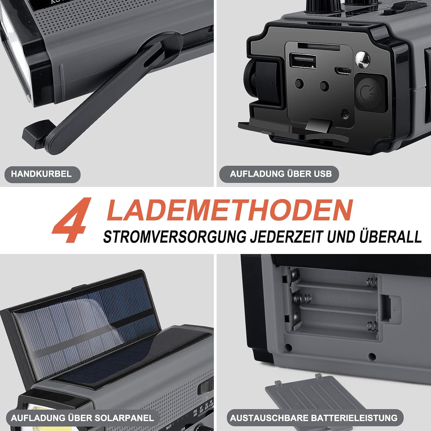 Notfunkgerät mit Solarpanel, Kurbel und mehreren Lademethoden.