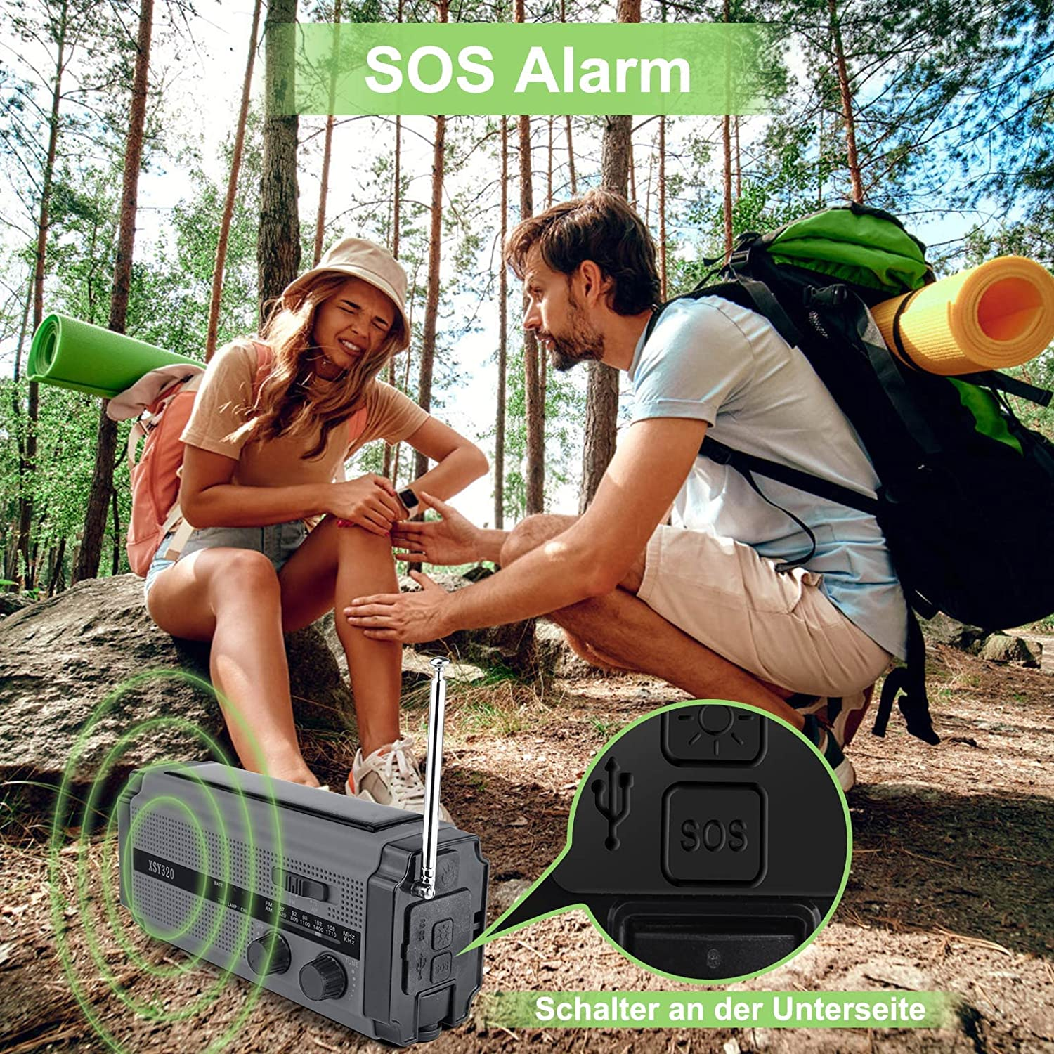 Menschen in der Nähe eines Radios mit SOS-Alarm in einer Waldumgebung.