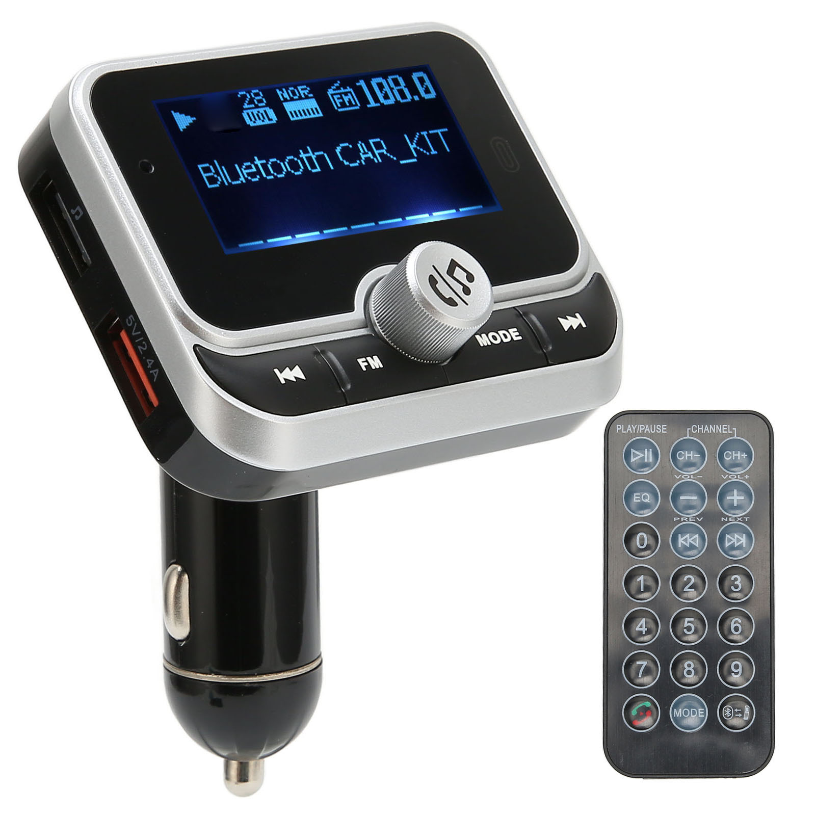 Bluetooth-Autoradio mit Display, das die UKW-Radiofrequenz und Bedienelemente anzeigt, plus Fernbedienung.