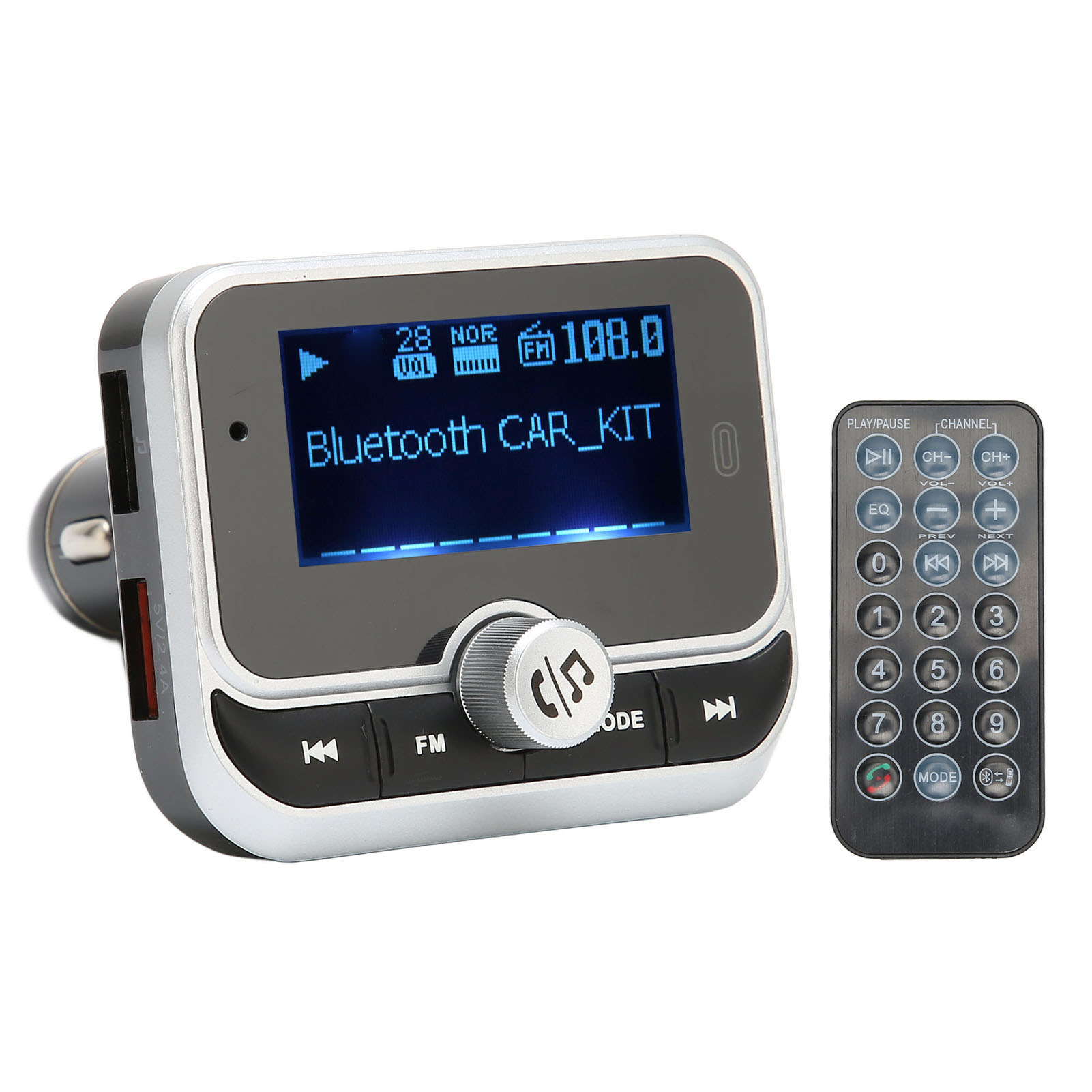 Bluetooth-Autoradio mit Display, das die UKW-Radiofrequenz und Bedienelemente anzeigt, plus Fernbedienung.