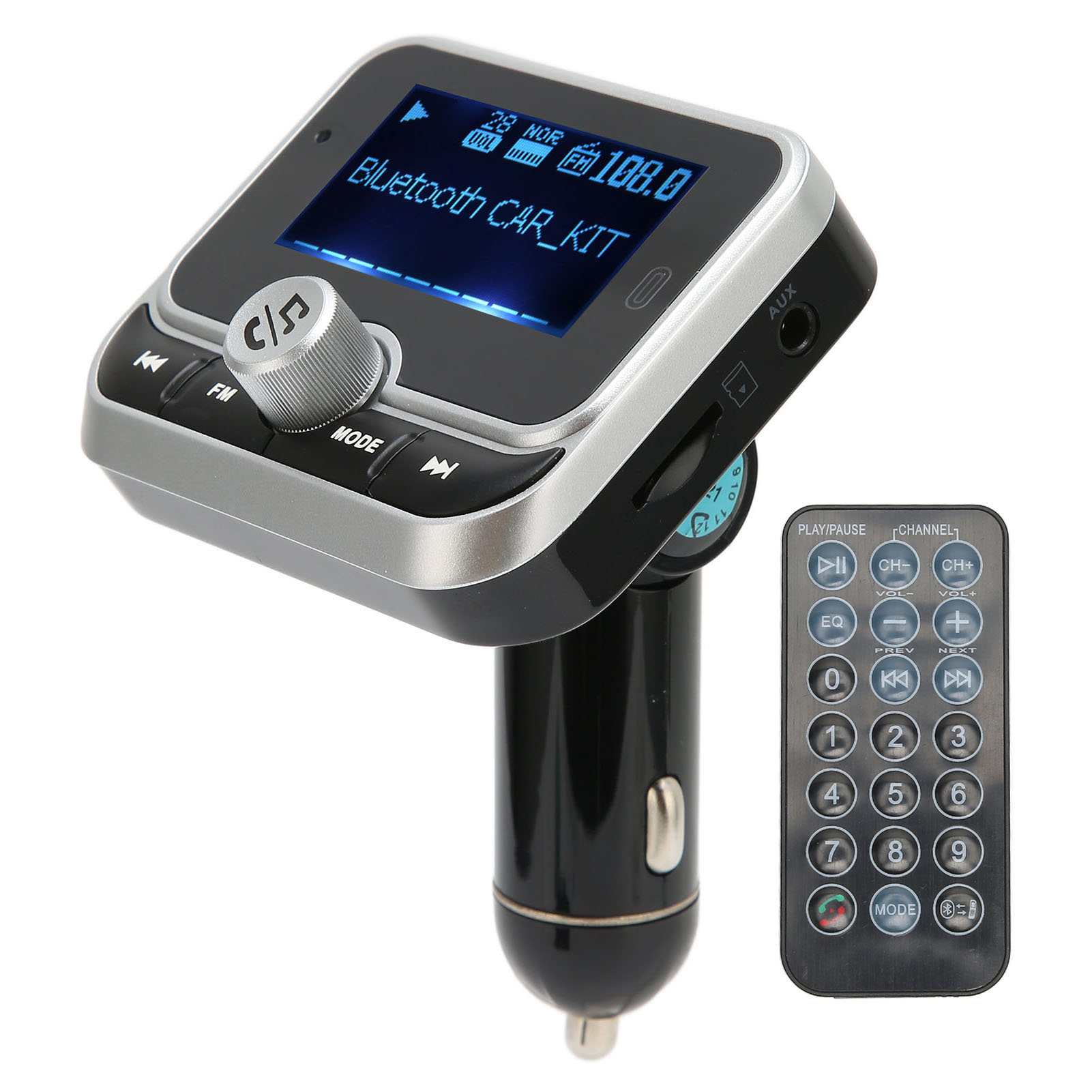 Bluetooth-Autoradio mit Display, das die UKW-Radiofrequenz und Bedienelemente anzeigt, plus Fernbedienung.
