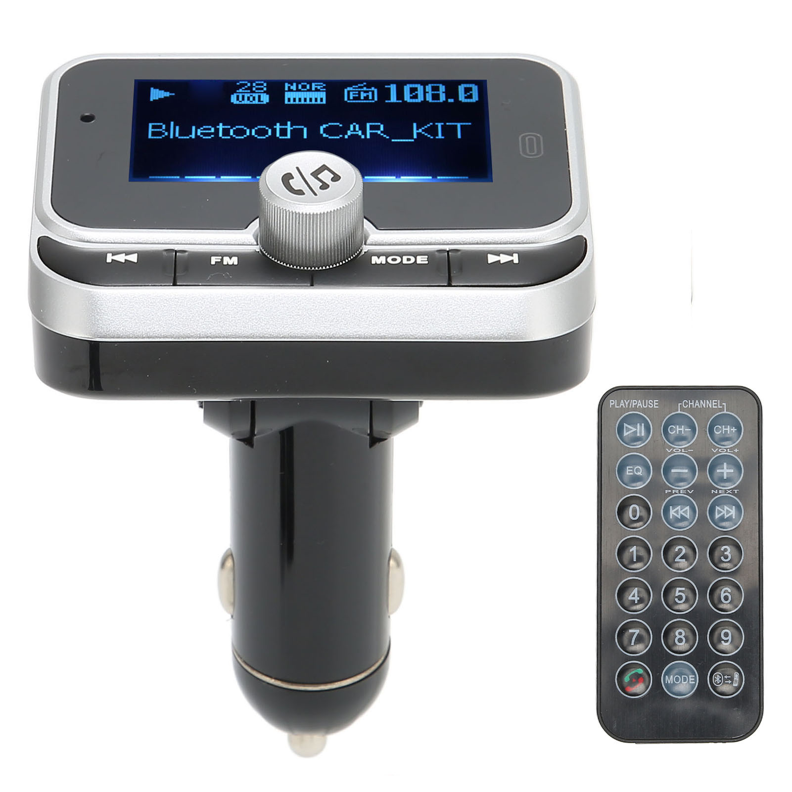 Bluetooth-Autoradio mit Display, das die UKW-Radiofrequenz und Bedienelemente anzeigt, plus Fernbedienung.