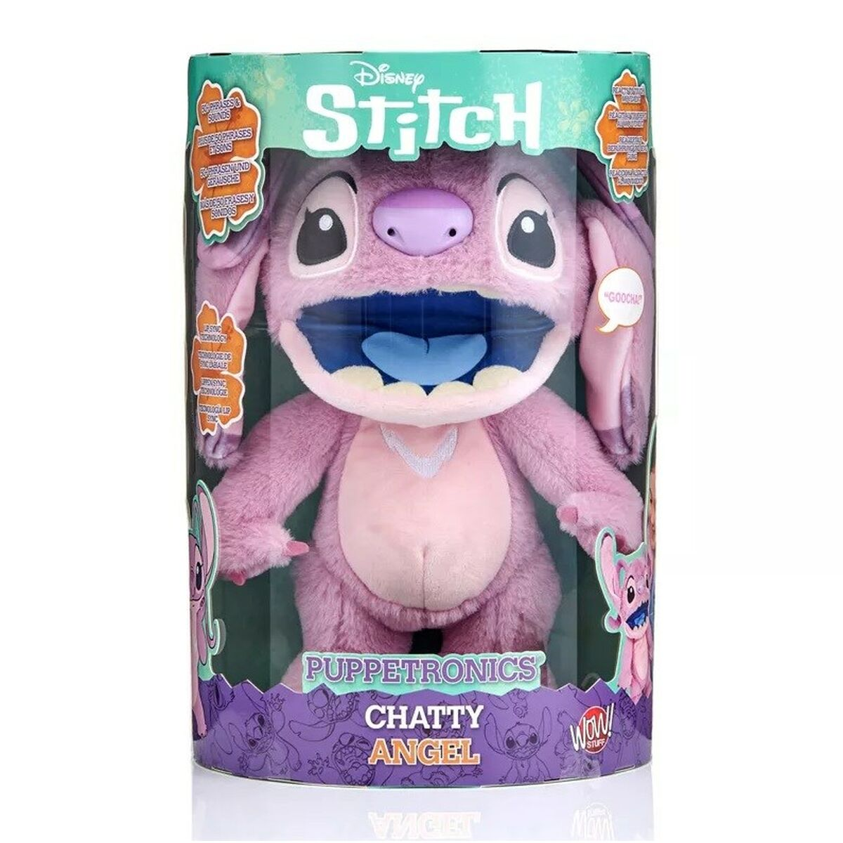 Różowa pluszowa zabawka Angel w pudełku. Pudełko ma logo i tekst Disney Stitch.