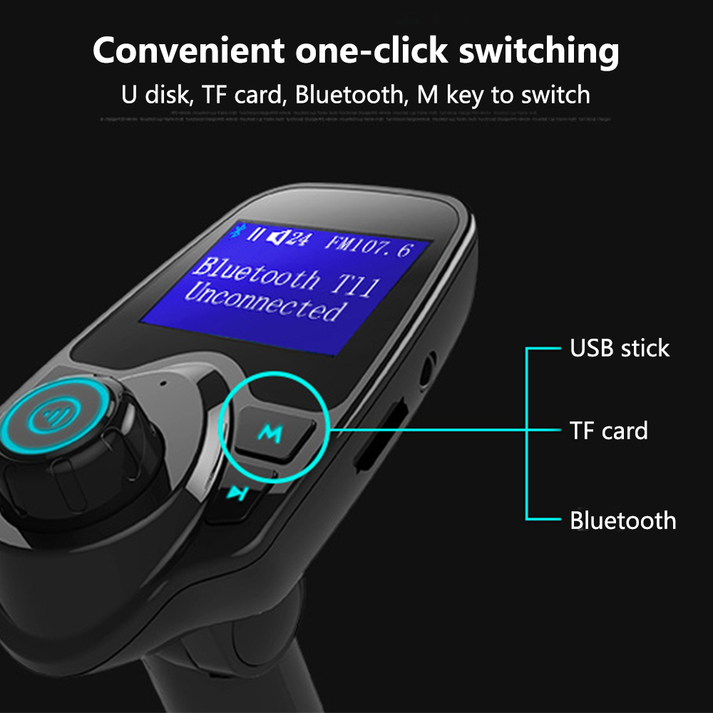 Schwarzes Gerät mit Bildschirm und Tasten, mit Beschriftungen für USB, TF-Karte und Bluetooth.
