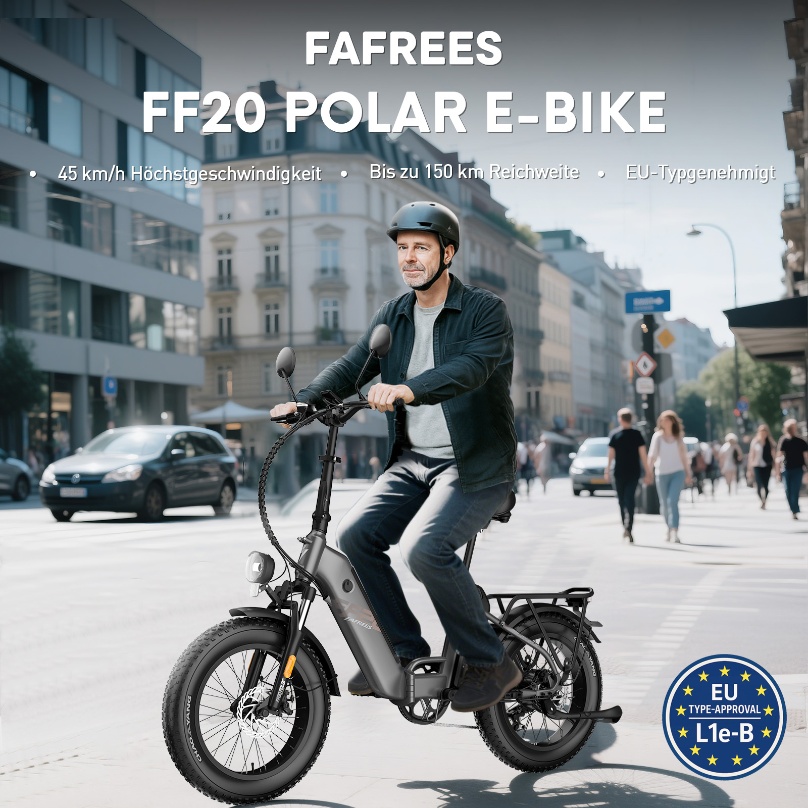 Ein Mann fährt mit einem Elektrofahrrad auf einer Stadtstraße.