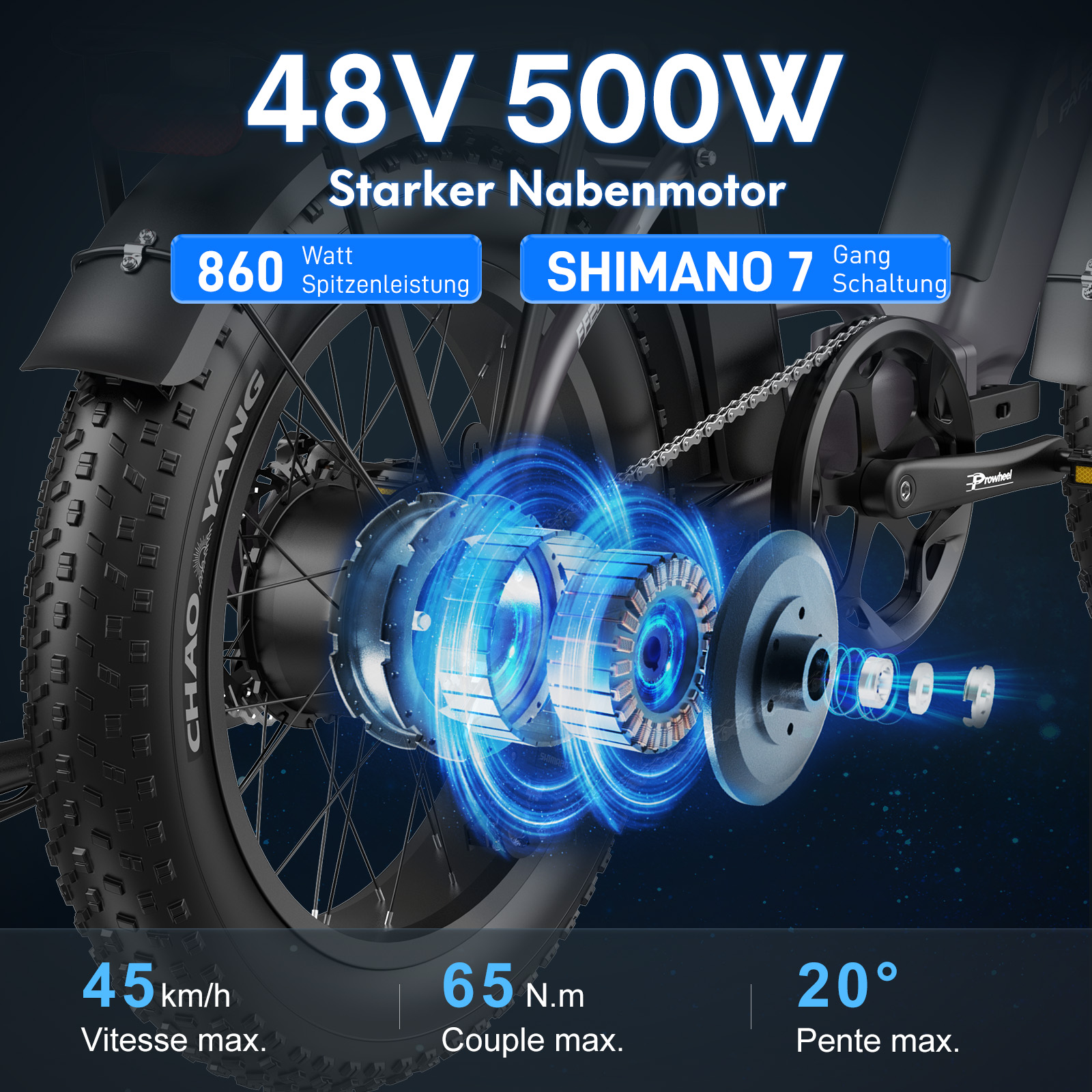 Ein E-Bike-Motor, der die Motor- und Radteile zeigt. Das Rad ist schwarz und blau, mit einem Mountainbike-Reifen.
