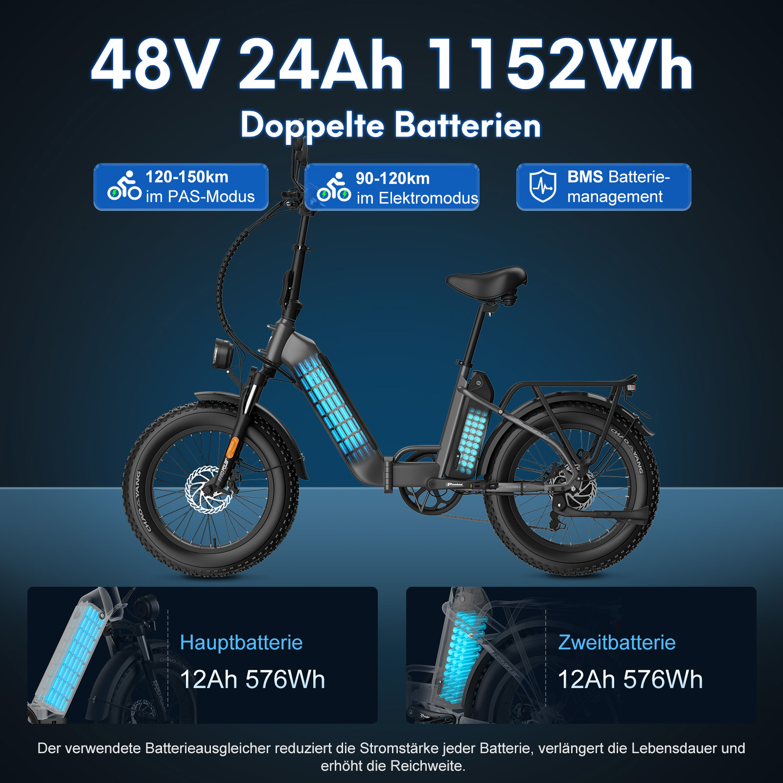 Ein Elektrofahrrad mit zwei Batterien. Das Fahrrad ist schwarz mit blauen Markierungen auf den Batterien.
