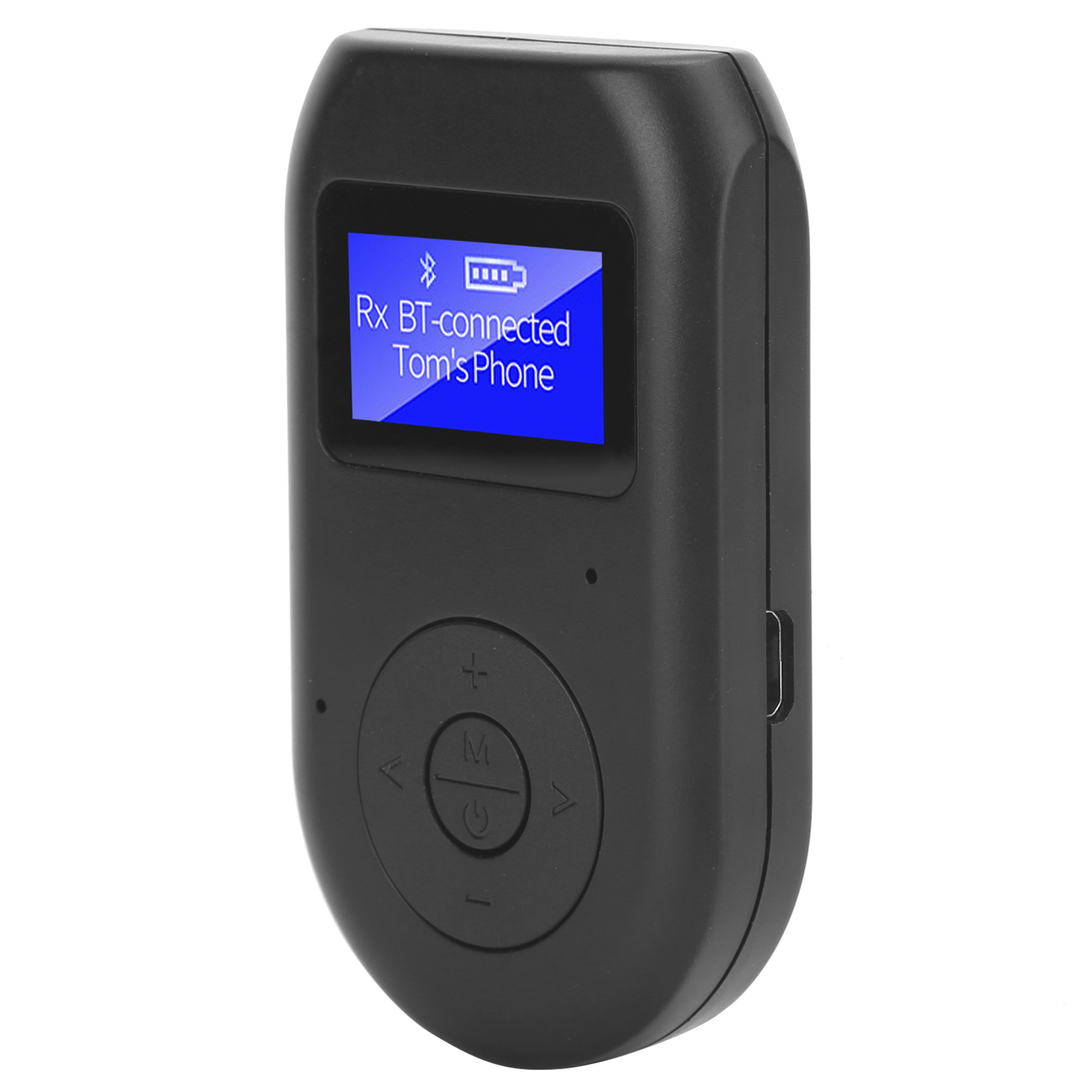 Ein schwarzer, rechteckiger Bluetooth-Empfänger mit Bildschirm, der Text anzeigt. Er hat Knöpfe und einen Ladeanschluss.