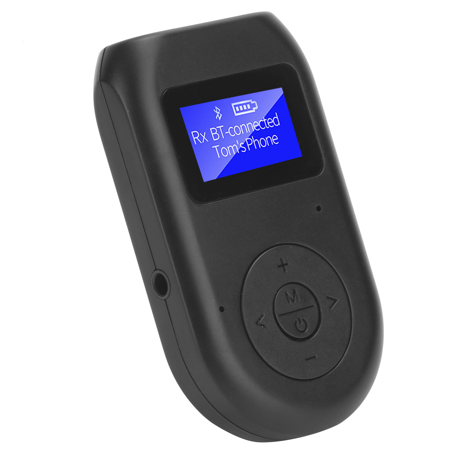 Ein schwarzer, rechteckiger Bluetooth-Empfänger mit kleinem blauem Bildschirm, der Text anzeigt. Es hat Knöpfe.