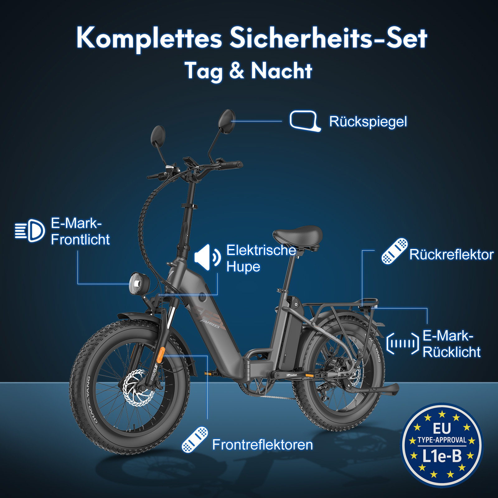 Schwarzes Elektrofahrrad mit beschrifteten Komponenten. Mit Spiegeln, Frontlicht, Reflektoren und Rücklicht.
