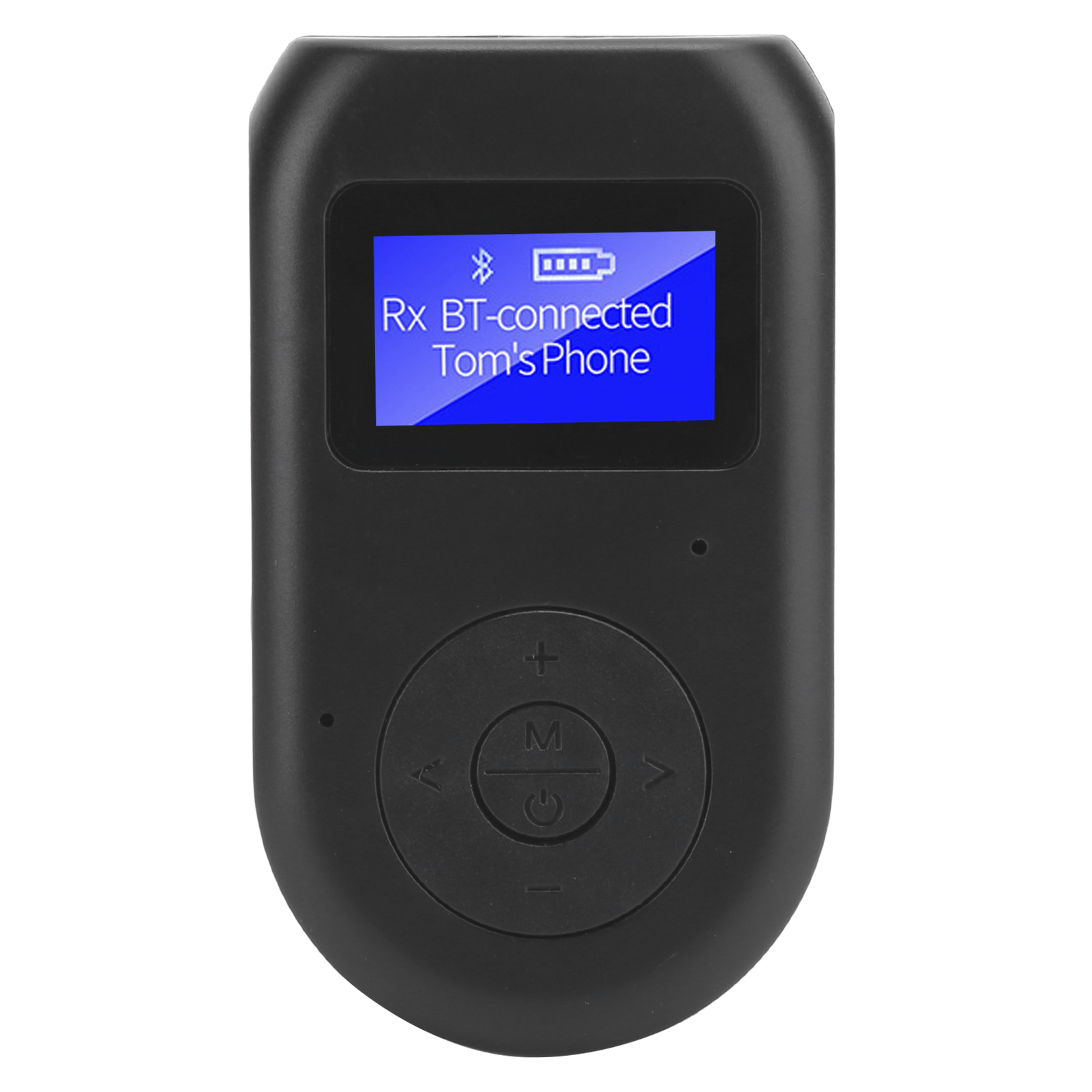 Ein schwarzer, rechteckiger Bluetooth-Empfänger mit Bildschirm, der Text anzeigt. Er hat Knöpfe und einen Ladeanschluss.
