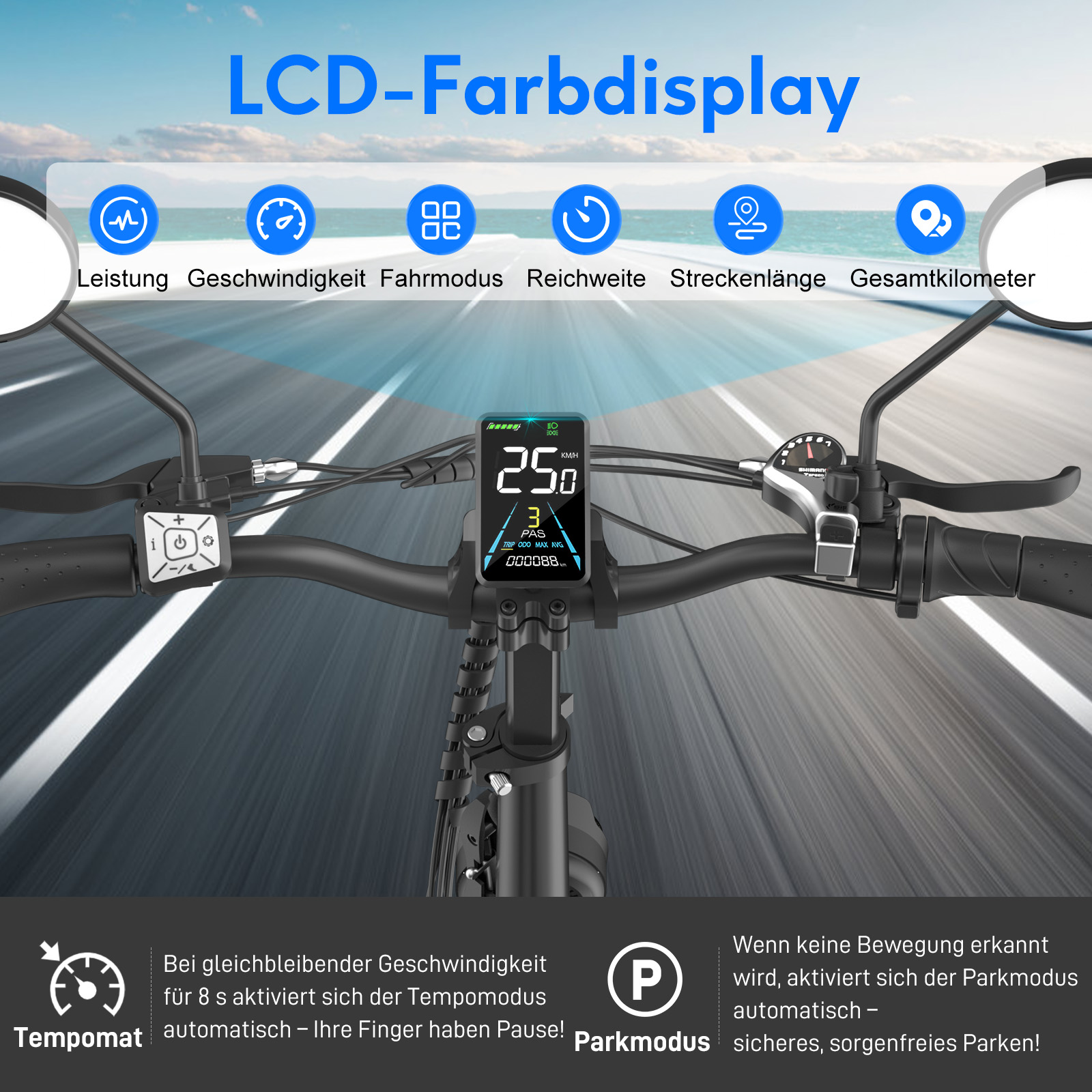 Fahrrad-LCD-Farbdisplay, das Geschwindigkeit, Modus, Reichweite und andere Statistiken während der Fahrt anzeigt.