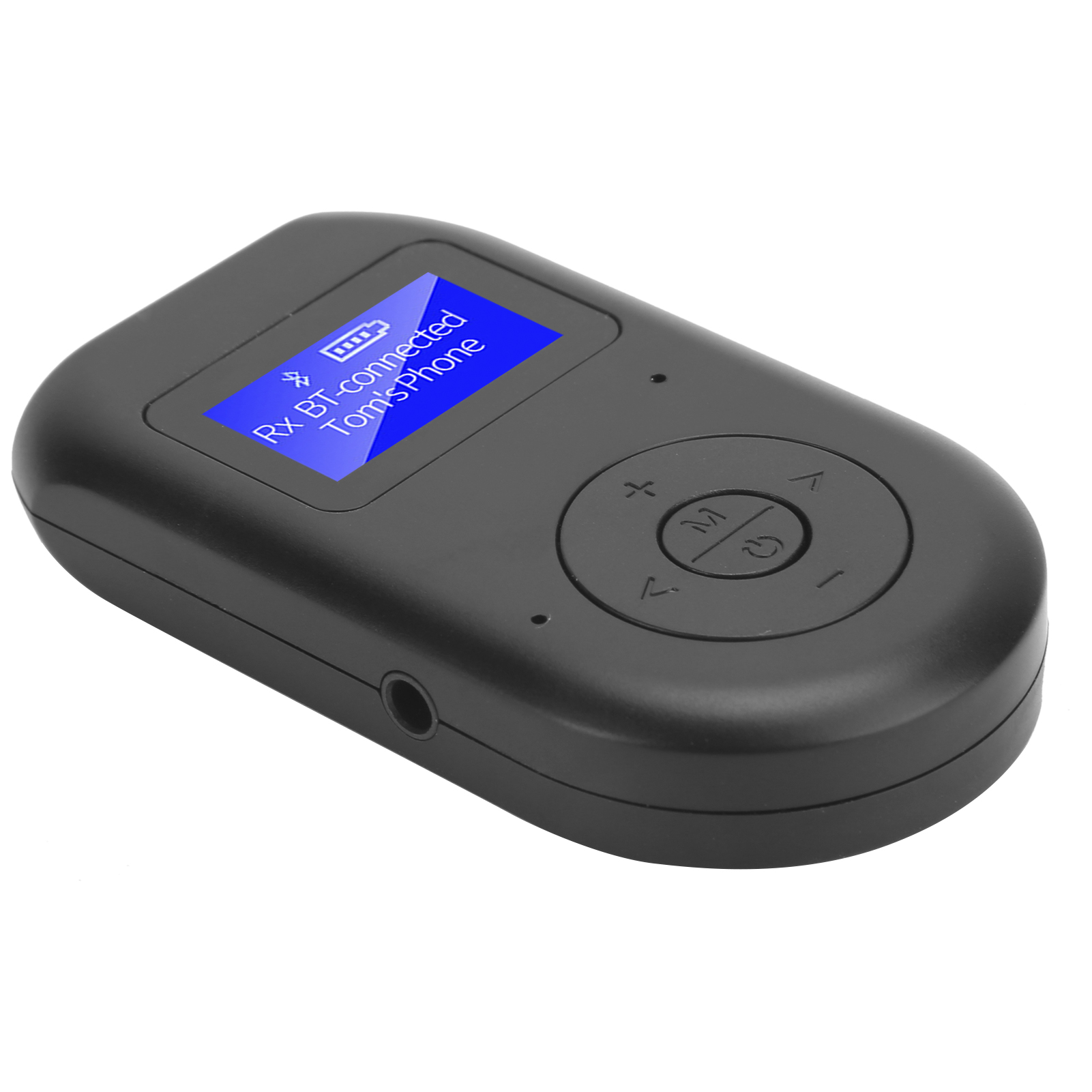 Schwarzer Bluetooth-Empfänger mit Bildschirm, der den Verbindungsstatus anzeigt, abgewinkelt, isoliert auf weißem Hintergrund.