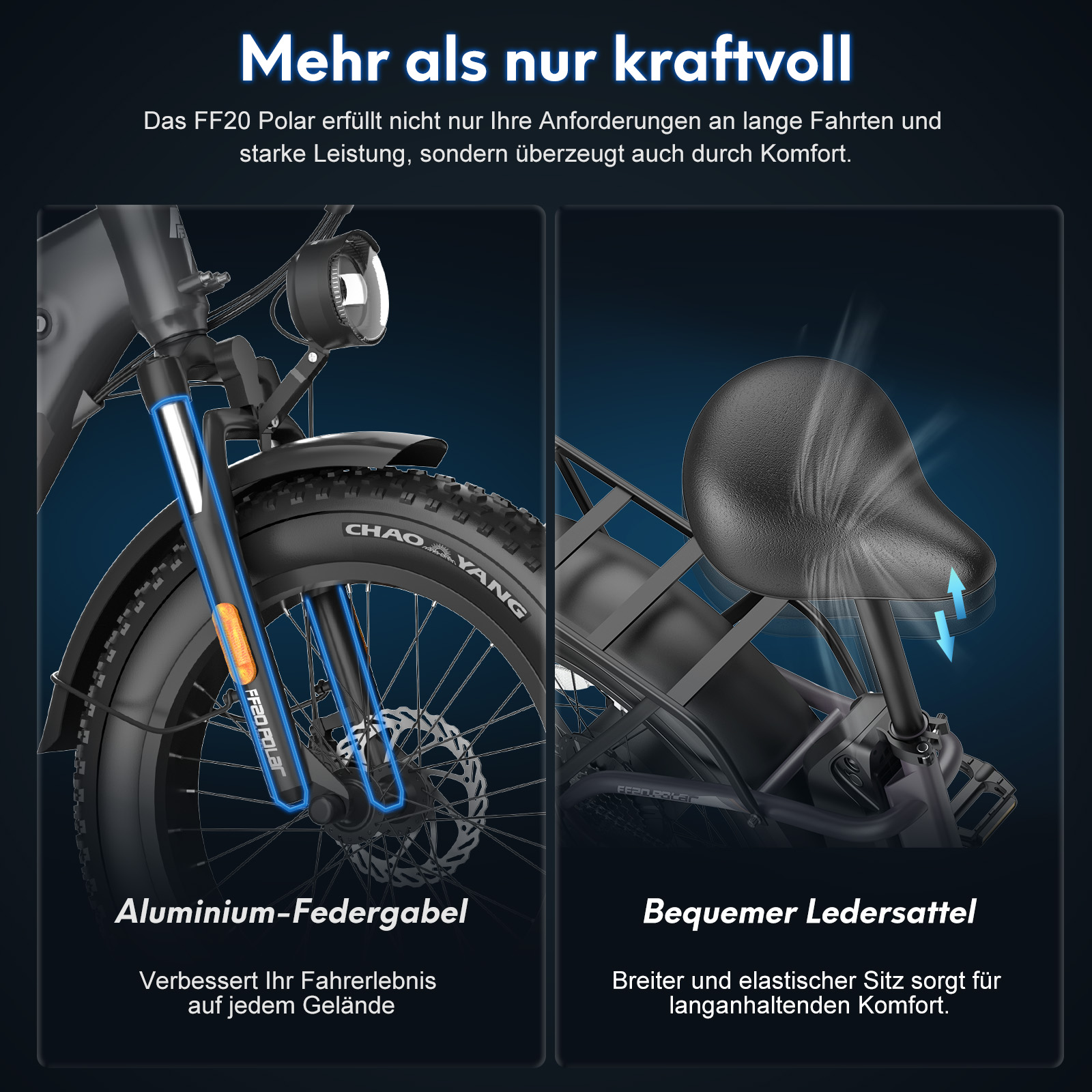 Nahaufnahme der Elektrofahrradmerkmale: Vorderradaufhängung und bequemer Sattel. Text hebt die Merkmale hervor.